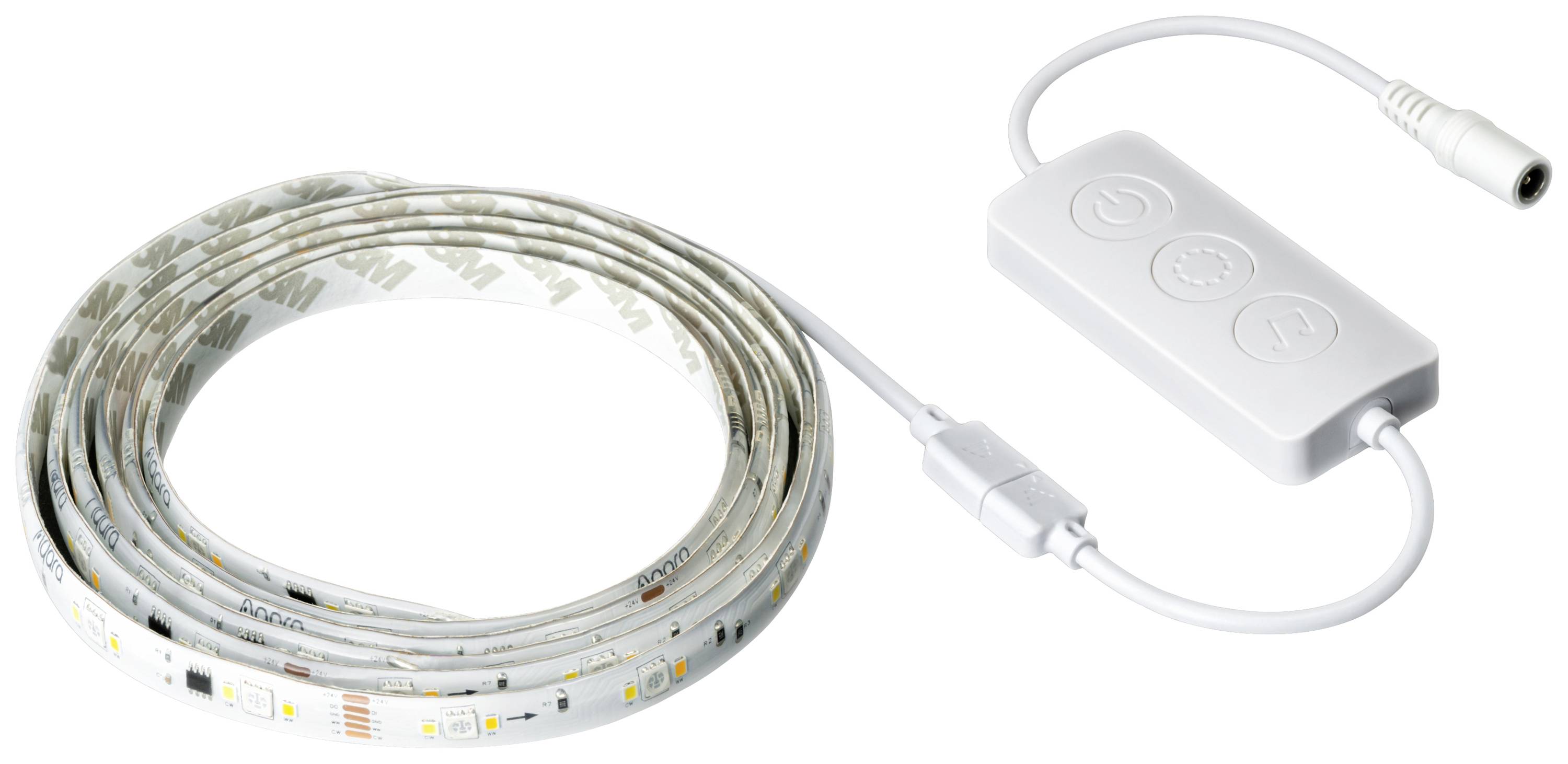 A coiled LED light strip with control unit and cable, ideal for creating atmospheric lighting in interior spaces.