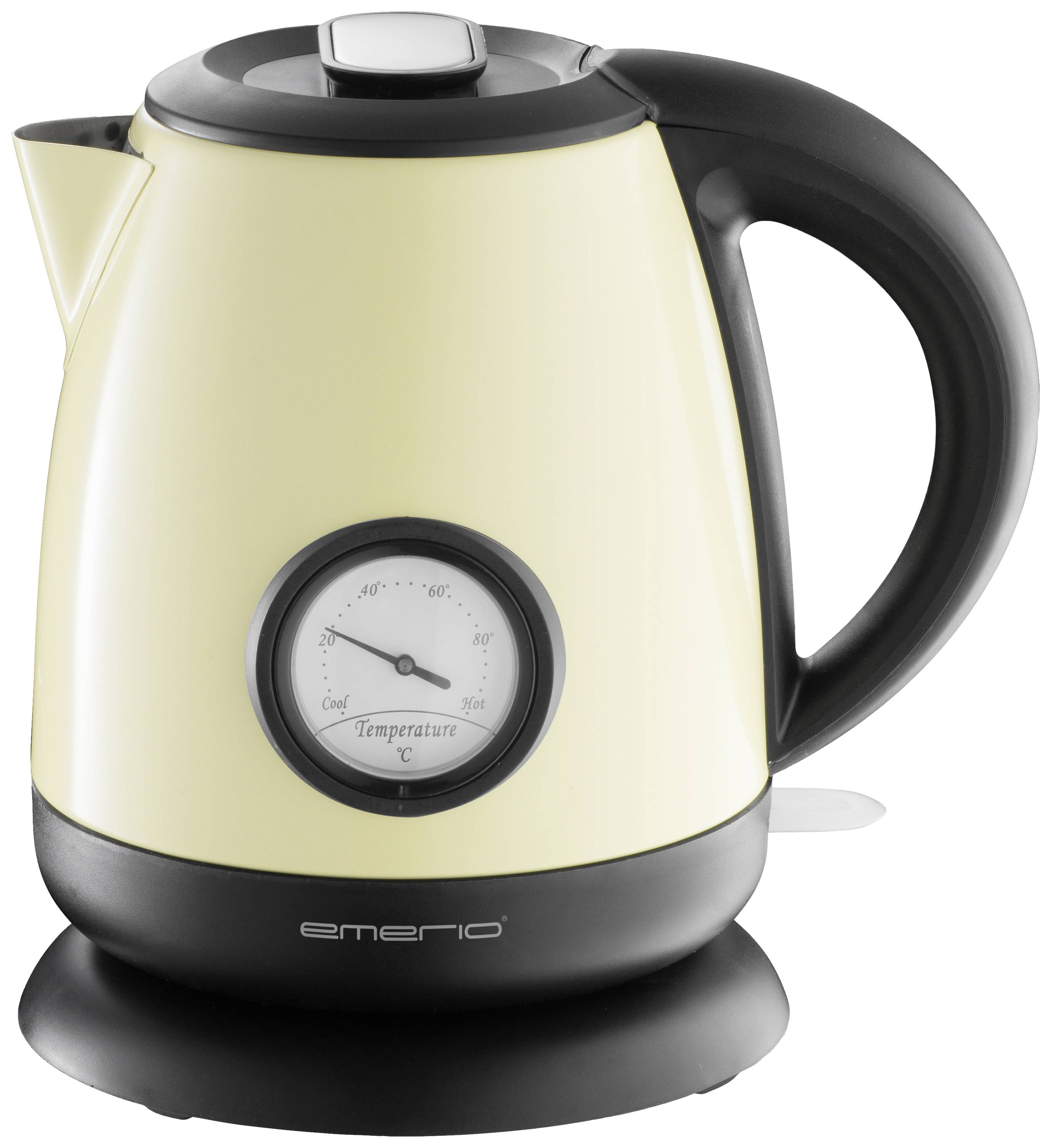 A cream-coloured kettle with a temperature display on the side. It sits on a black base and has a black handle.