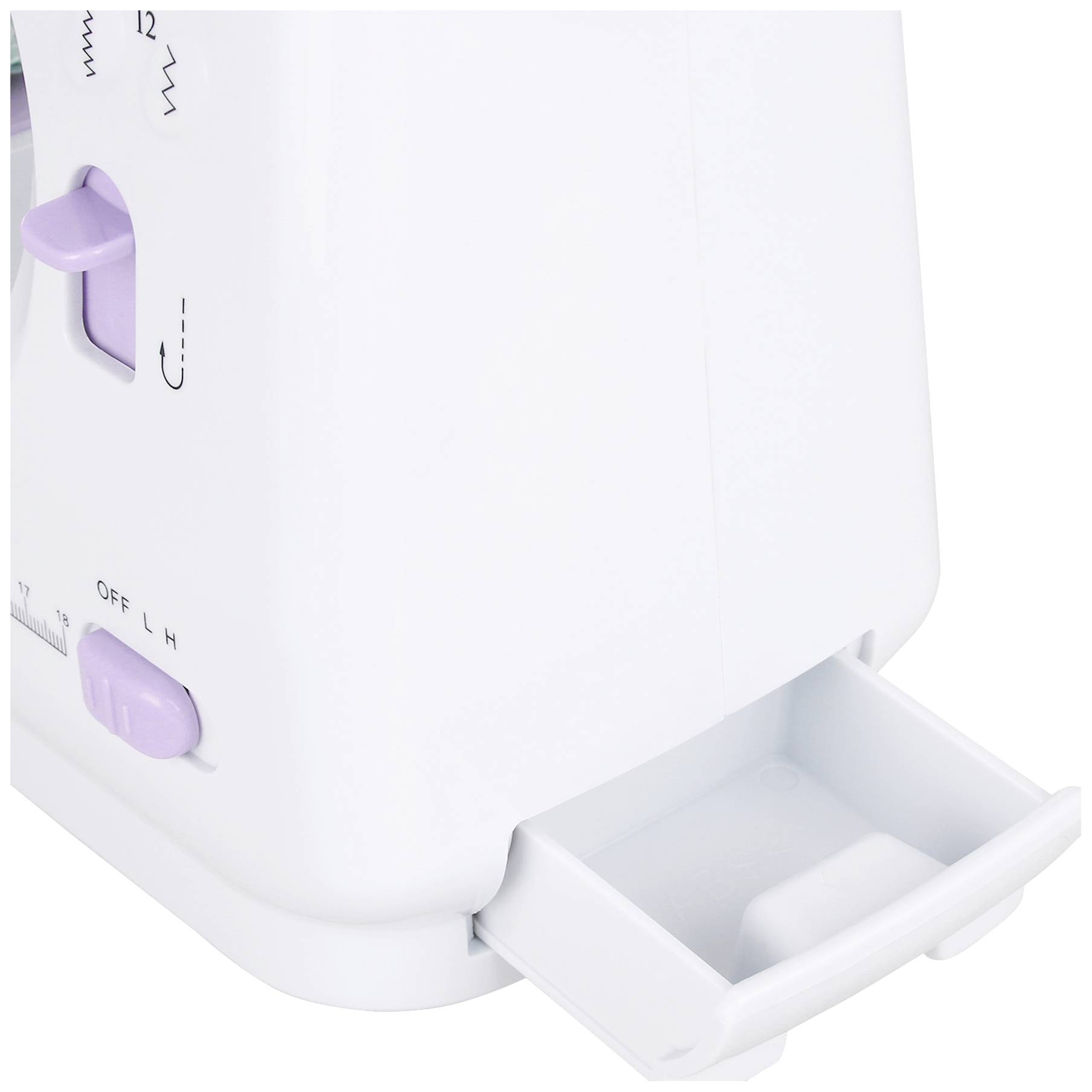 A white toaster with purple buttons and a pull-out crumb tray located at the bottom right.