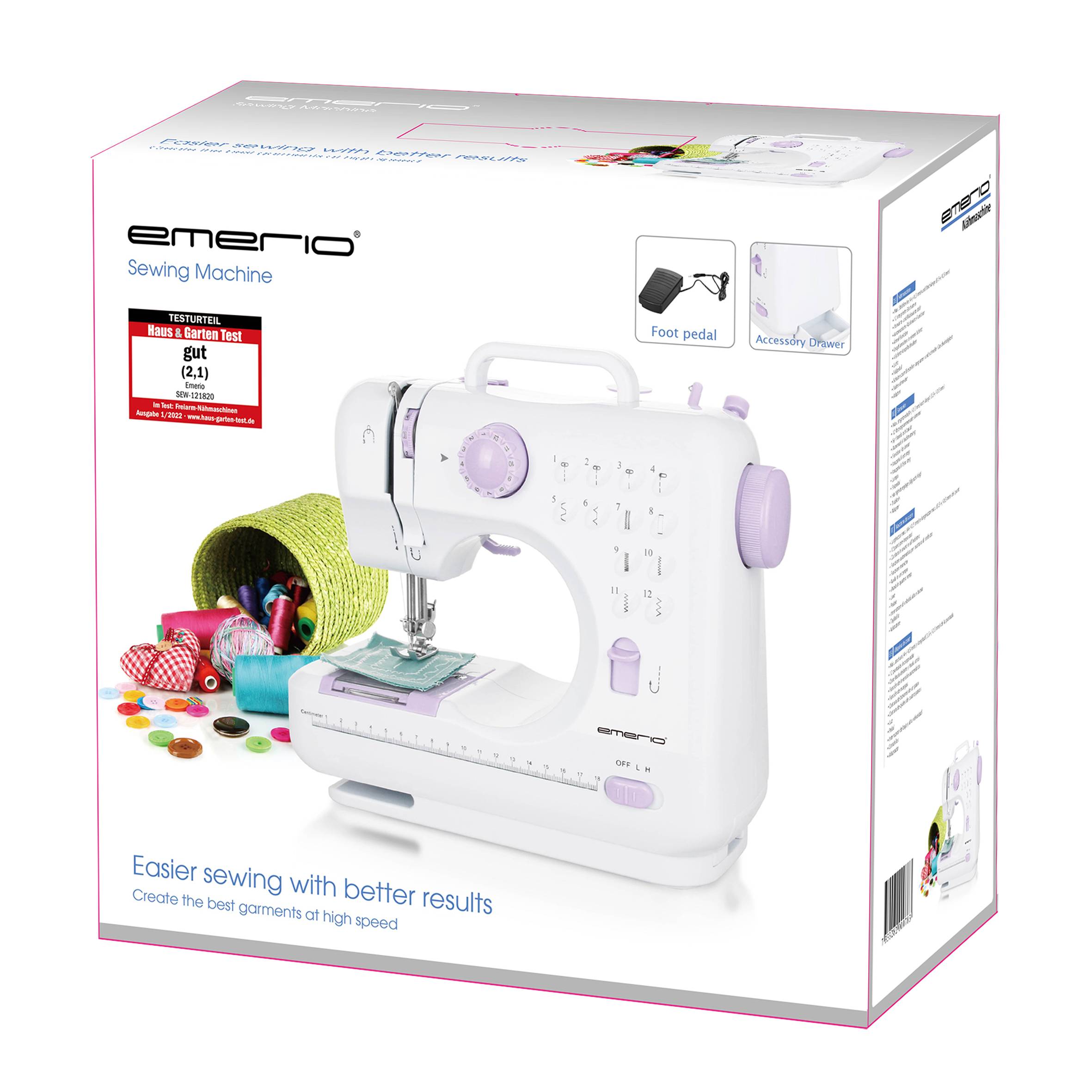 A white sewing machine with lilac accents, depicted on packaging. Sewing accessories such as threads and a tape measure are visible in the background.