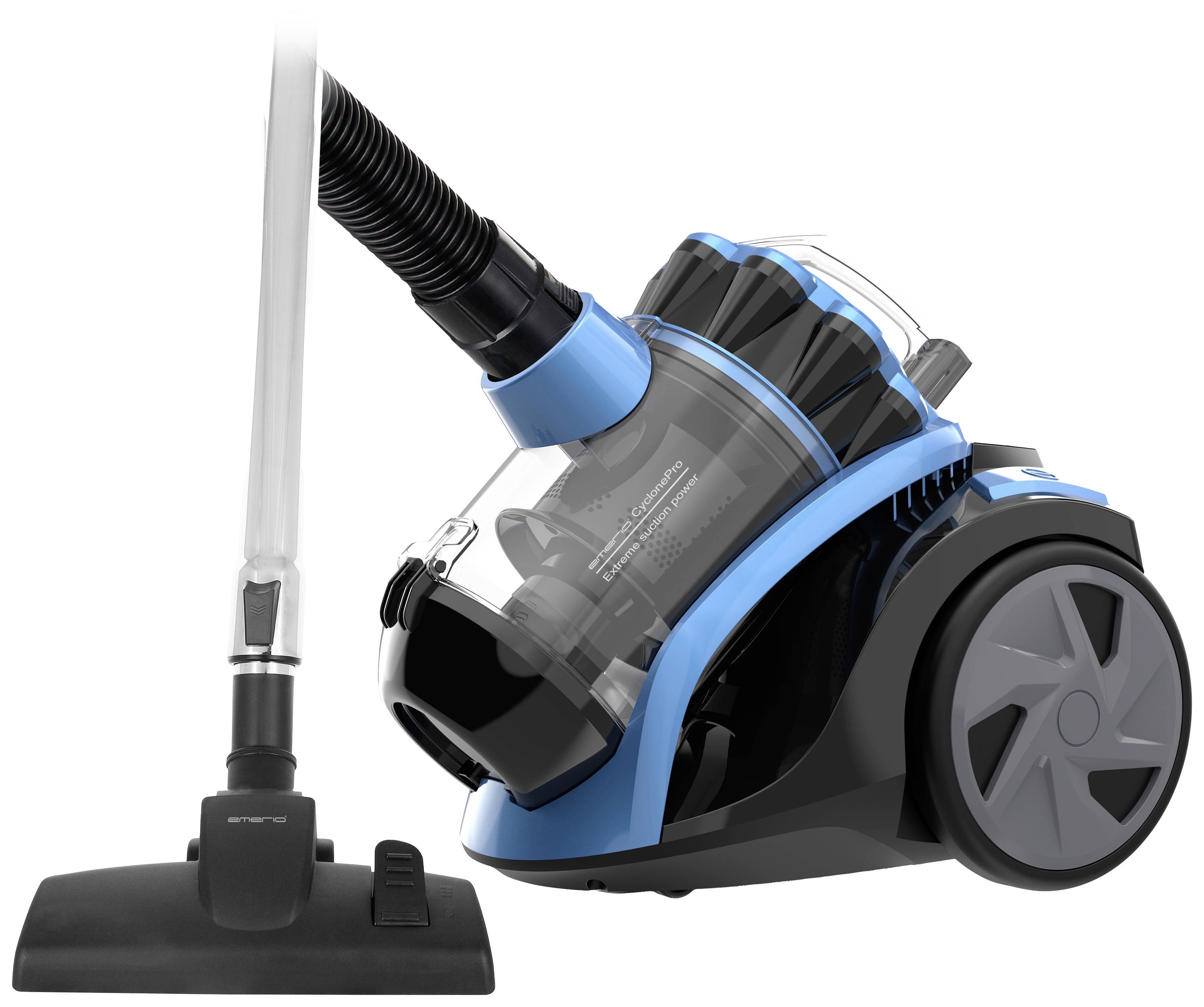 A blue and black bagless vacuum cleaner with a transparent container and suction tube, standing on two large wheels.