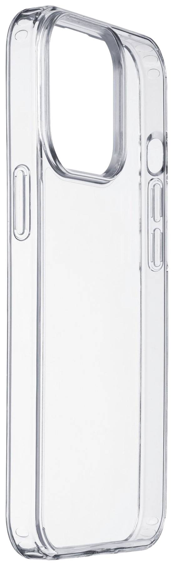 Transparent mobile phone case standing upright. It has cutouts for the camera and buttons, suitable for protection and shock absorption.