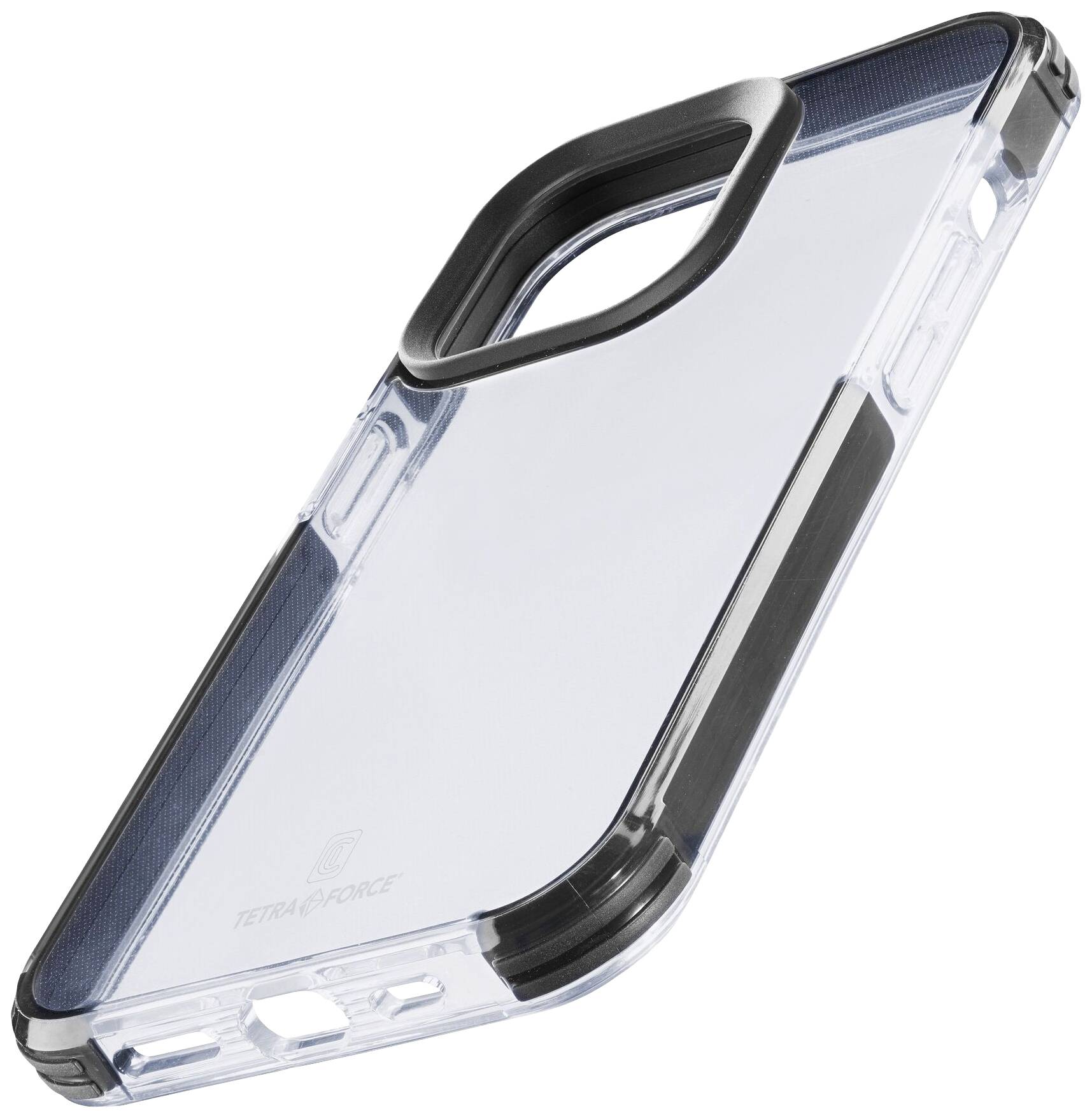Transparent phone case with a black border, emphasising camera protection and robust design.