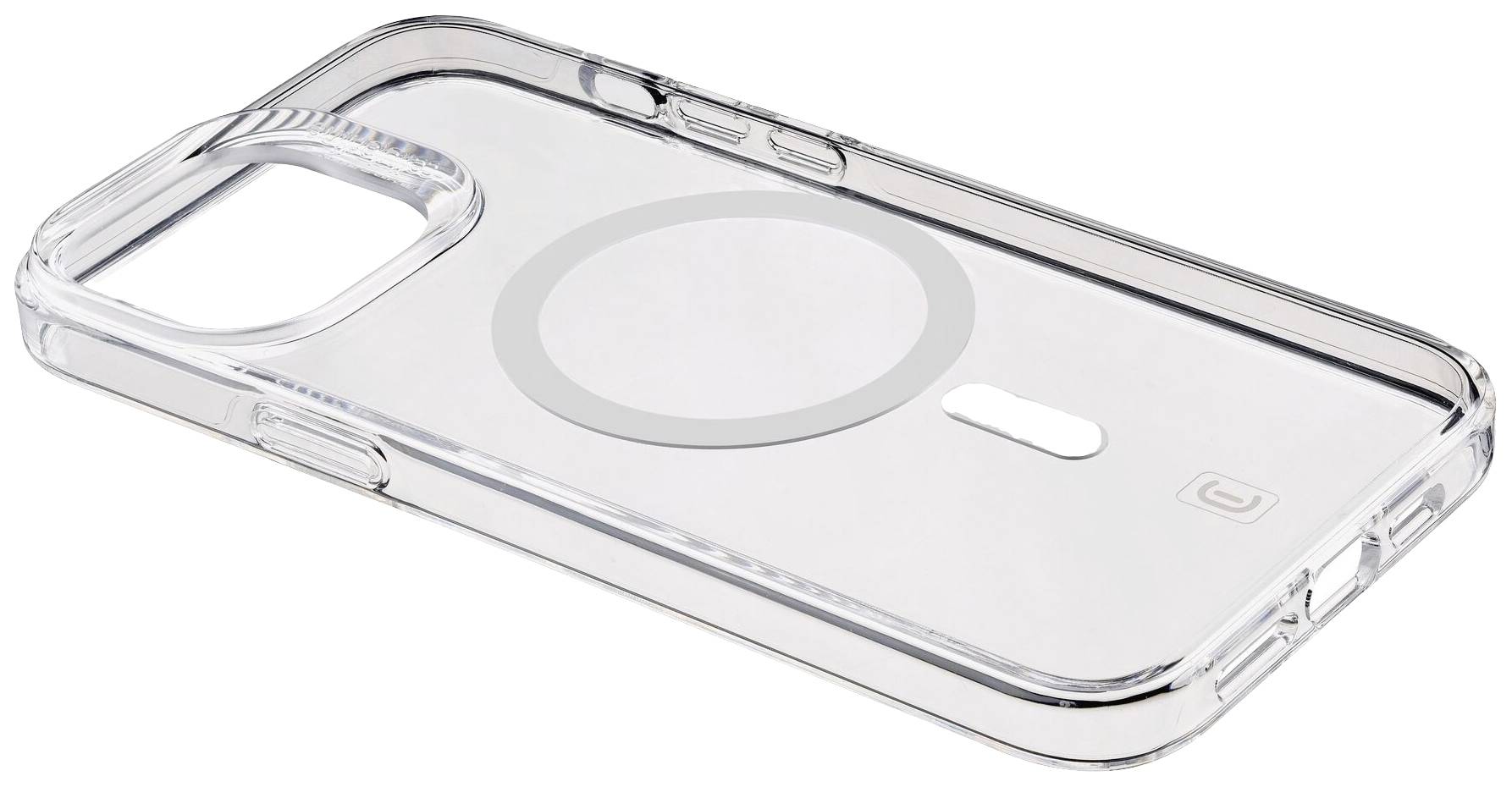 Transparent phone case with a circular design, compatible with MagSafe on the back, suitable for a modern smartphone model.