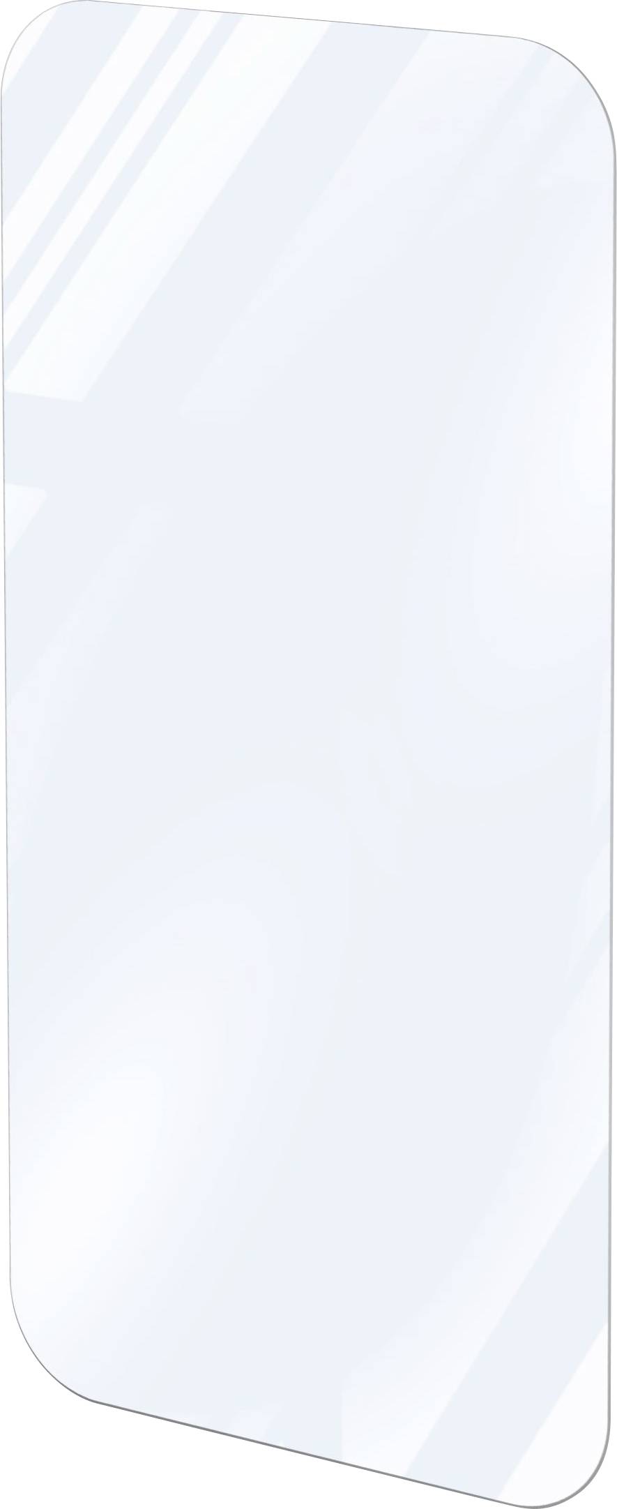 Rectangular, transparent acrylic protection screen with rounded corners, reflects light, serves as a hygienic barrier.