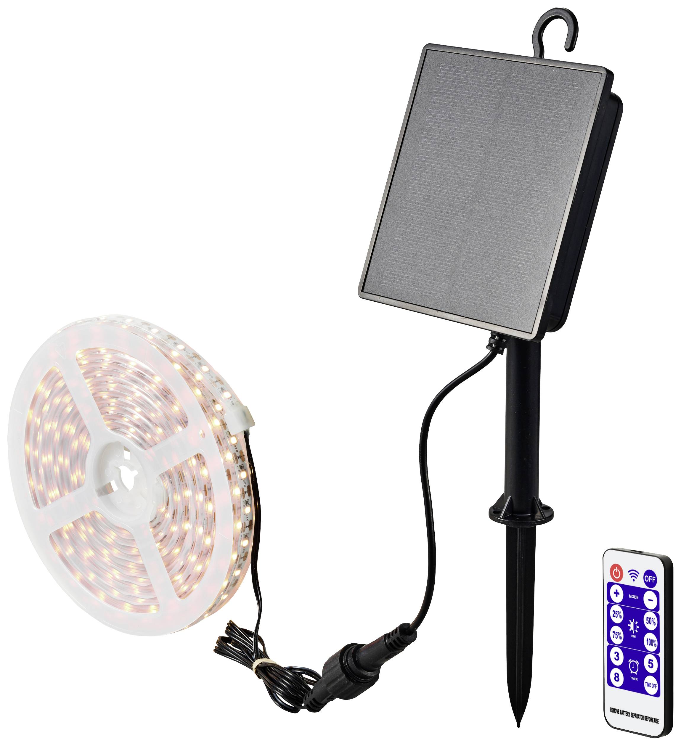 LED light strip with solar panel and remote control. Perfect for outdoor lighting, energy-efficient with solar-powered power source.