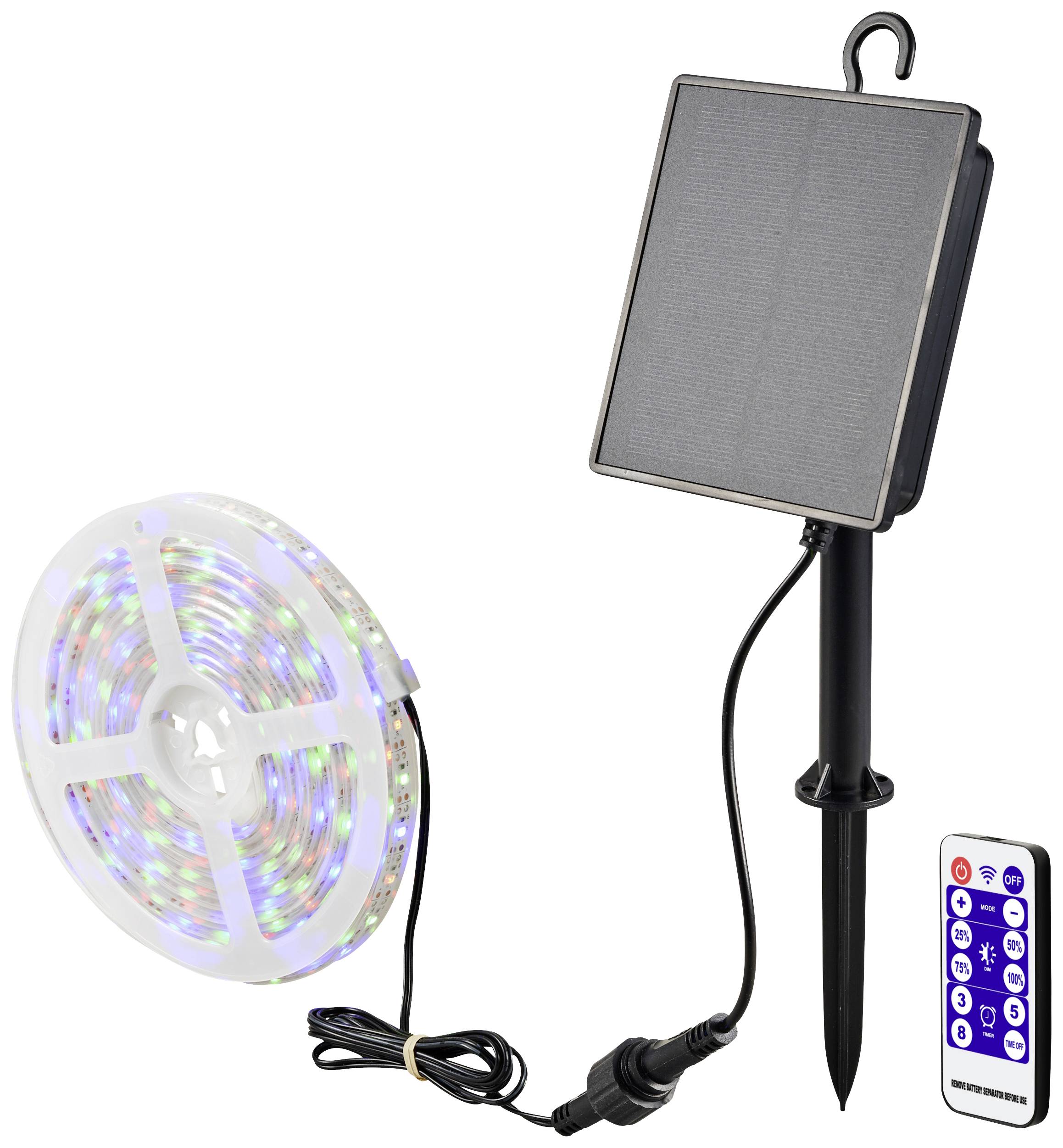 Solar-powered LED string lights with solar panel and remote control; perfect for garden or outdoor area decoration.