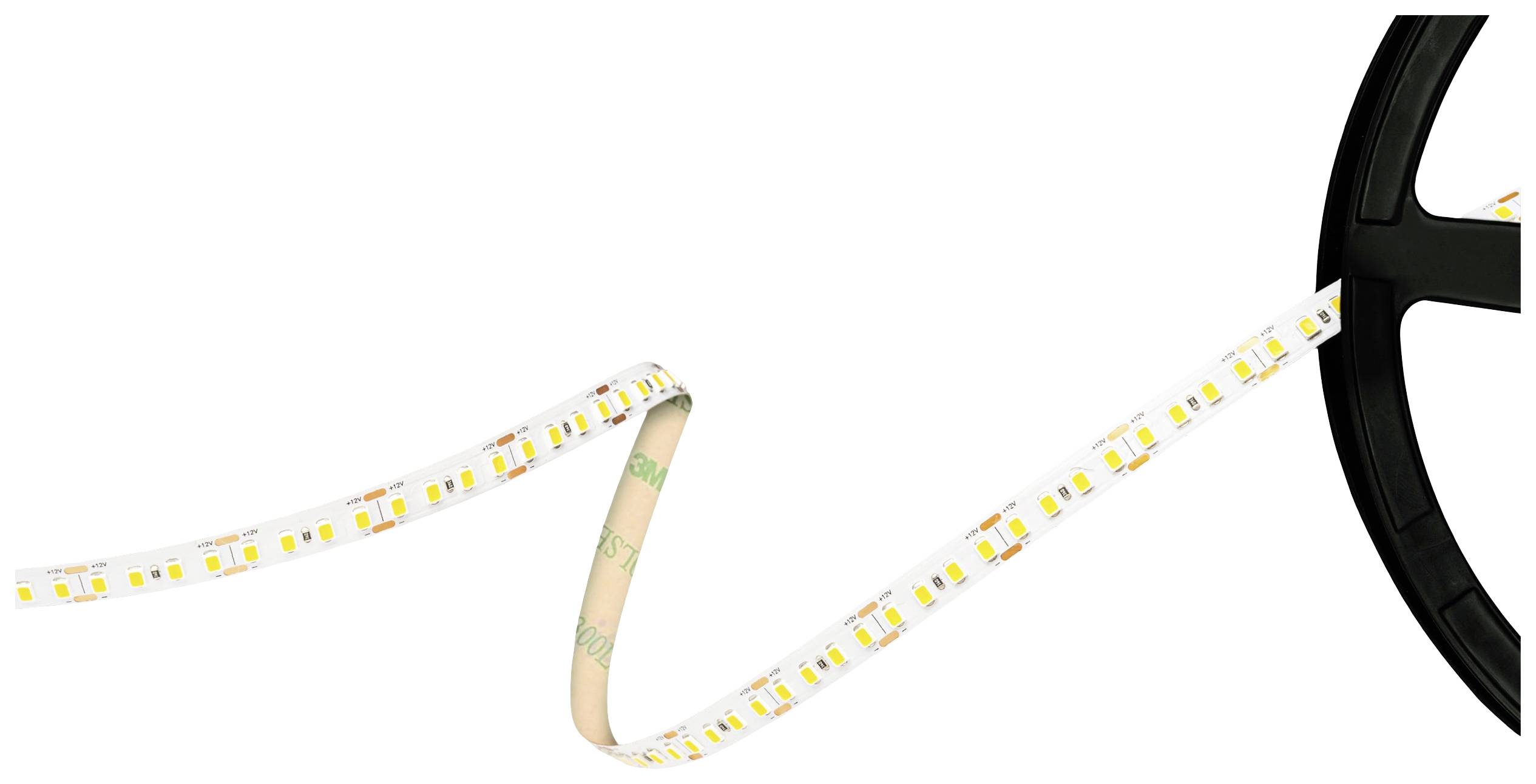 LED strip with visible yellow diodes unrolling from a black spool. Ideal for flexible lighting applications.