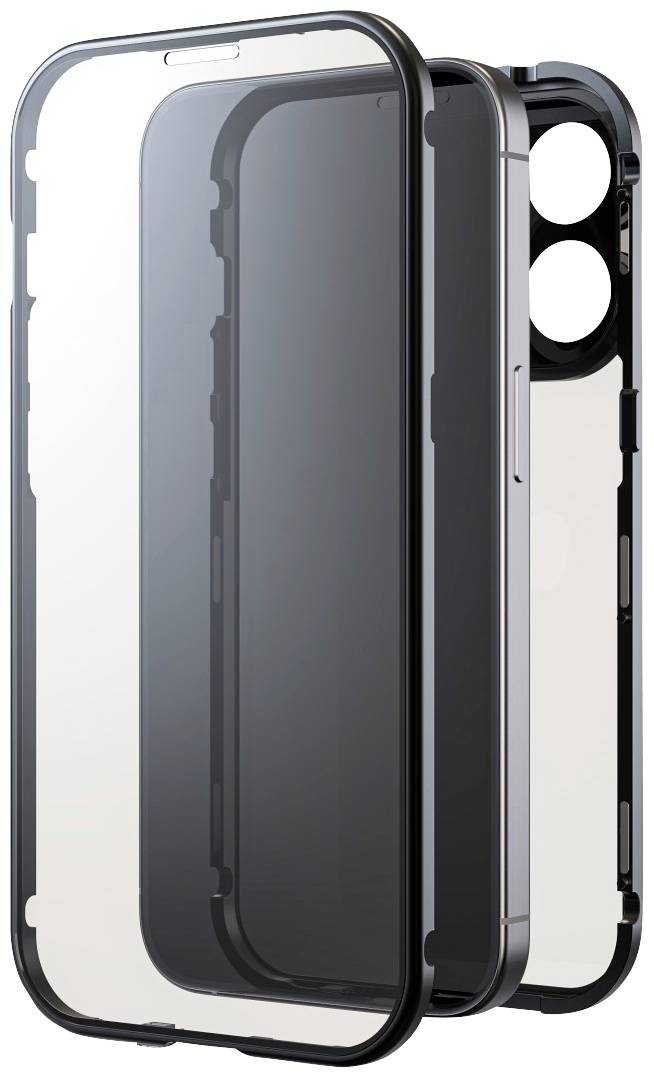 A three-piece mobile phone case set in black and clear, comprising a front cover, back cover, and middle frame, designed for a smartphone.