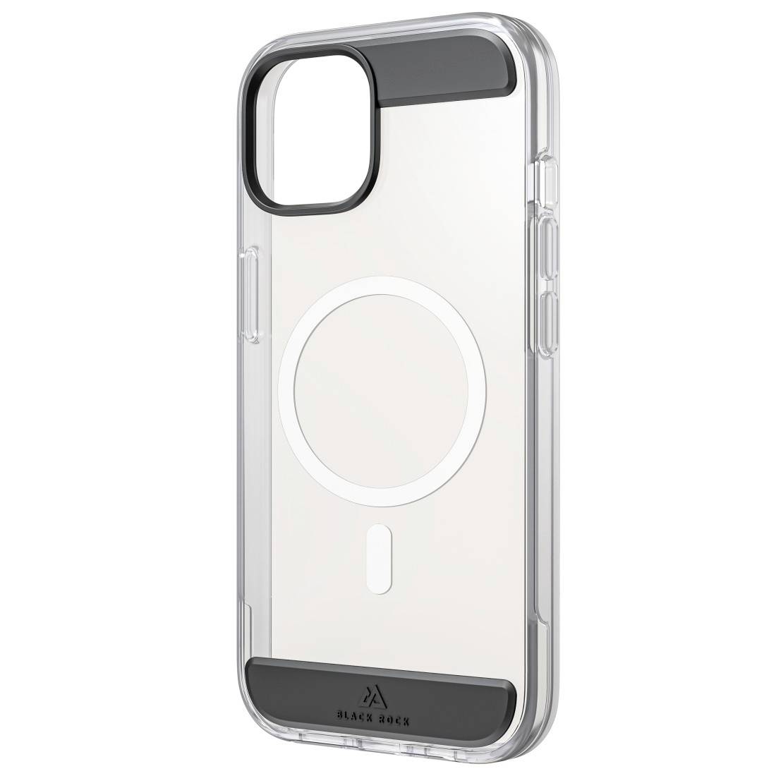 Transparent phone case with a black border, featuring a circular design in the centre, suitable for a smartphone.