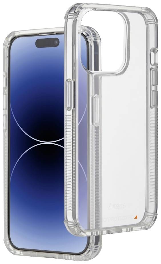 Transparent mobile phone case suitable for a smartphone with a blue display. Protection and robust design are the primary focus.