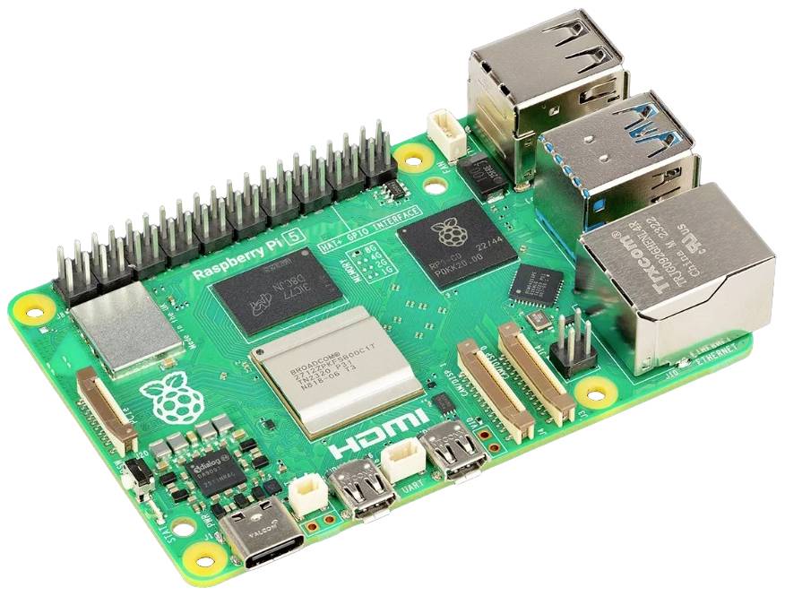 A Raspberry Pi 4 Model B, a small single-board computer, with four USB ports, HDMI port and Ethernet interface on a green circuit board.