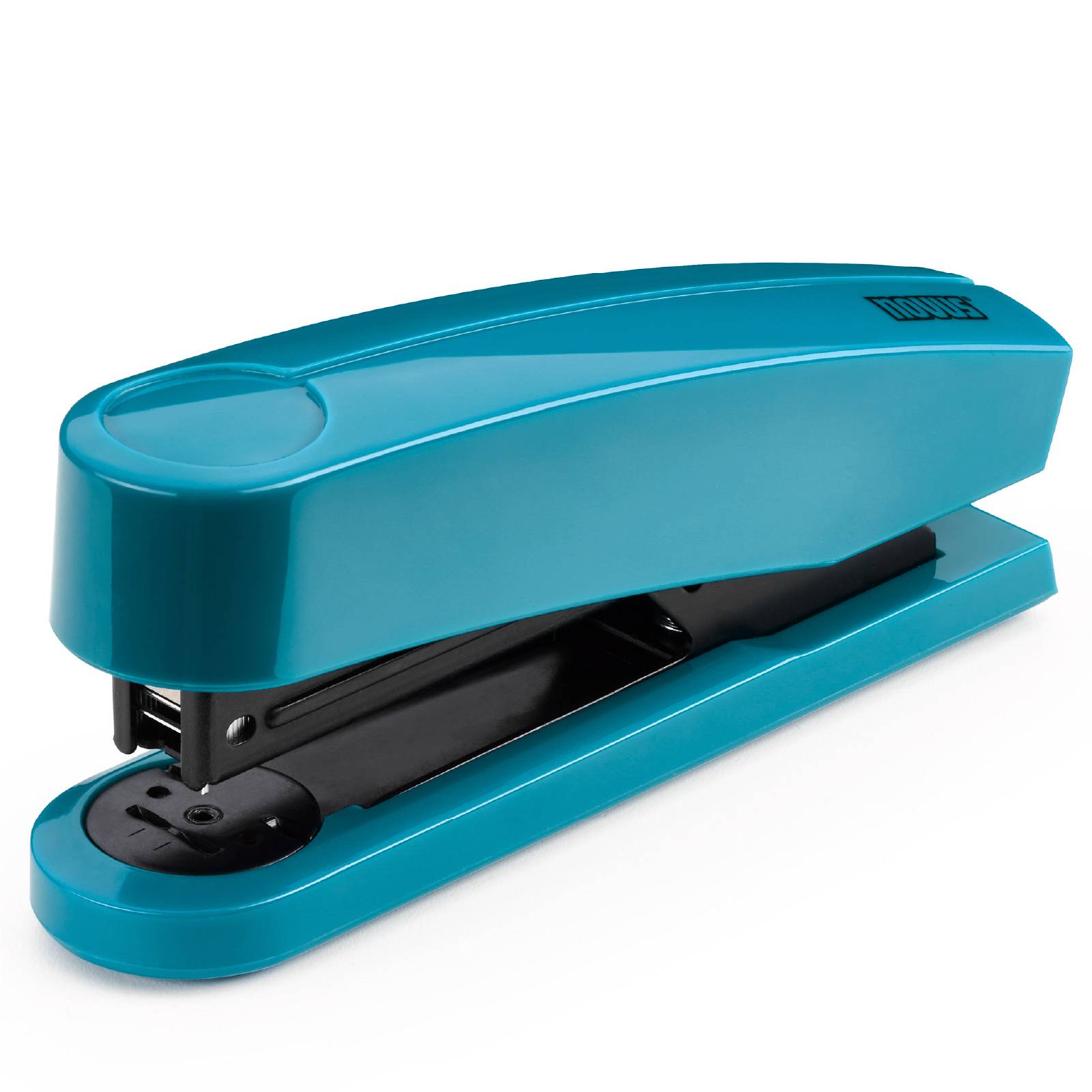 A blue stapler on a white background, closed and ready for use.