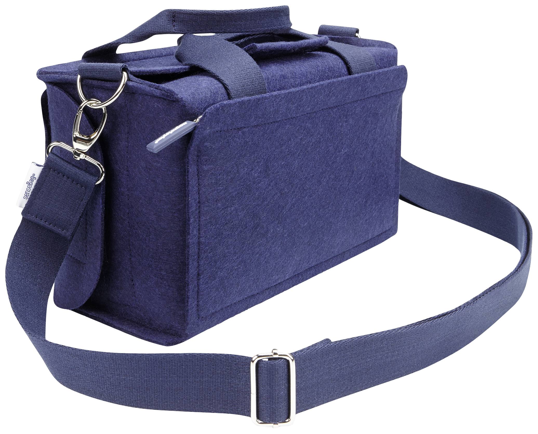 Dark blue fabric camera bag with adjustable shoulder strap and carry handle.
