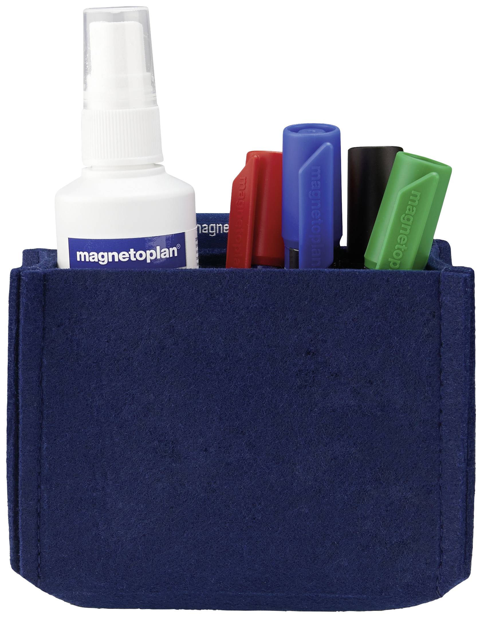 A blue pen holder contains a spray cleaner and four coloured markers in red, blue, black and green.