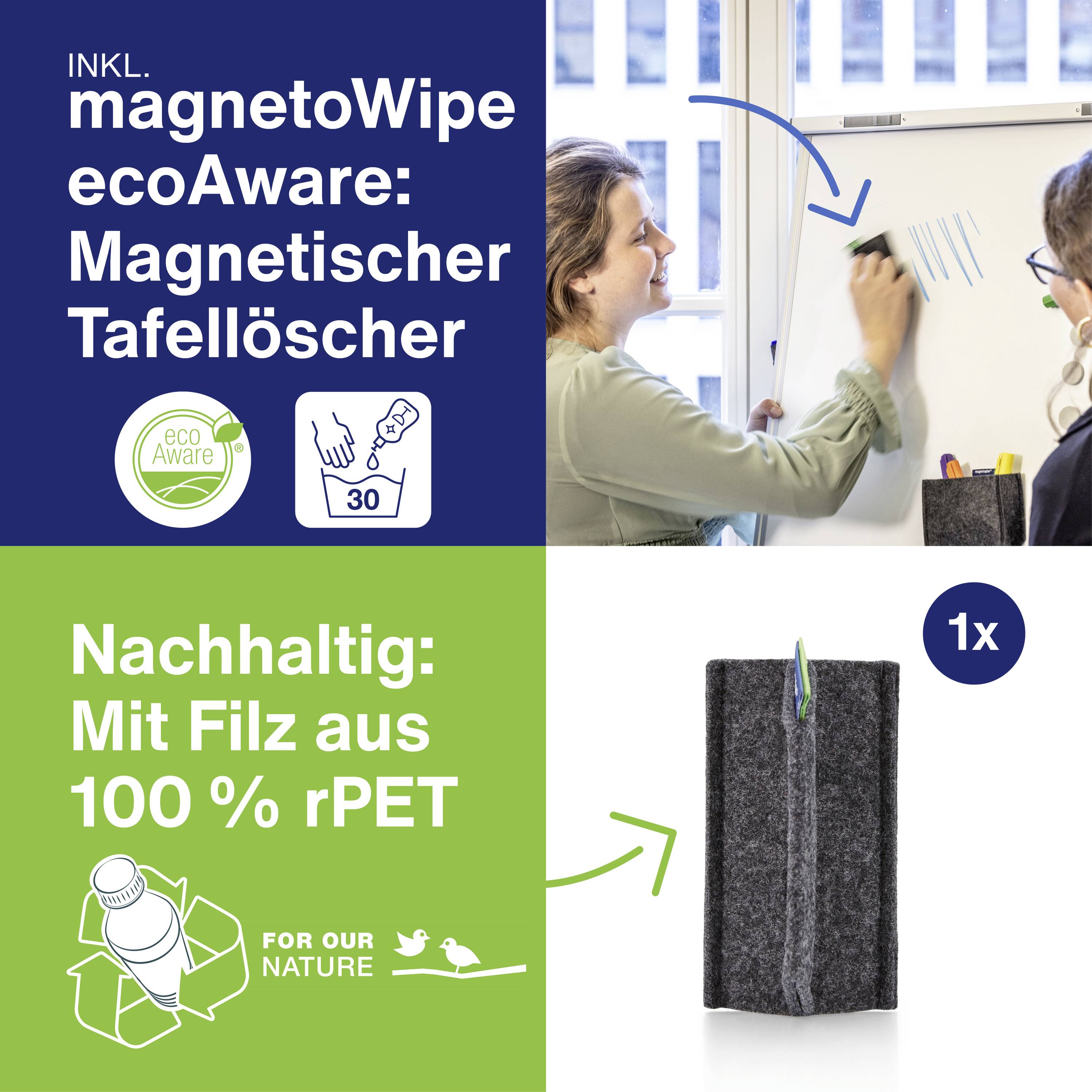Whiteboard Cleaner Set with magnetic wiper and cloth, made from 100% recycled PET. Person demonstrating usage on whiteboard.