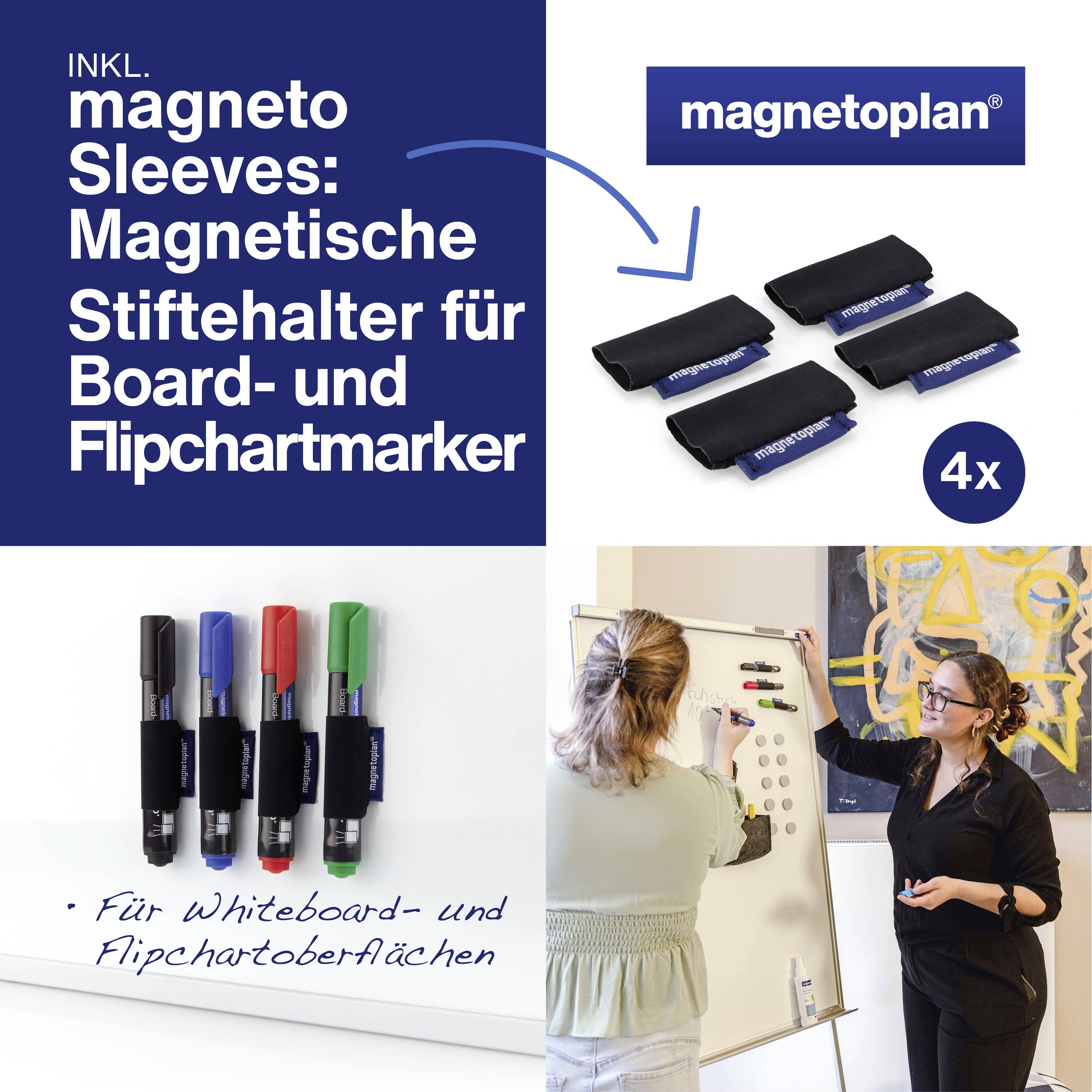 Magneto Sleeves: Magnetic Pen Holders for Whiteboard Markers. Includes four holders. Suitable for Whiteboards and Flip Charts.