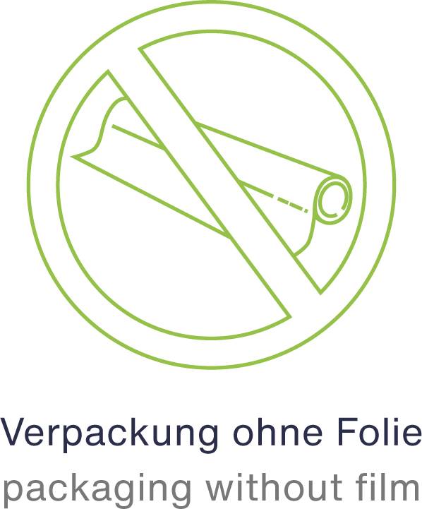 A circle with a crossed-out symbol for film, underneath the text 'Packaging without film' and 'packaging without film'.