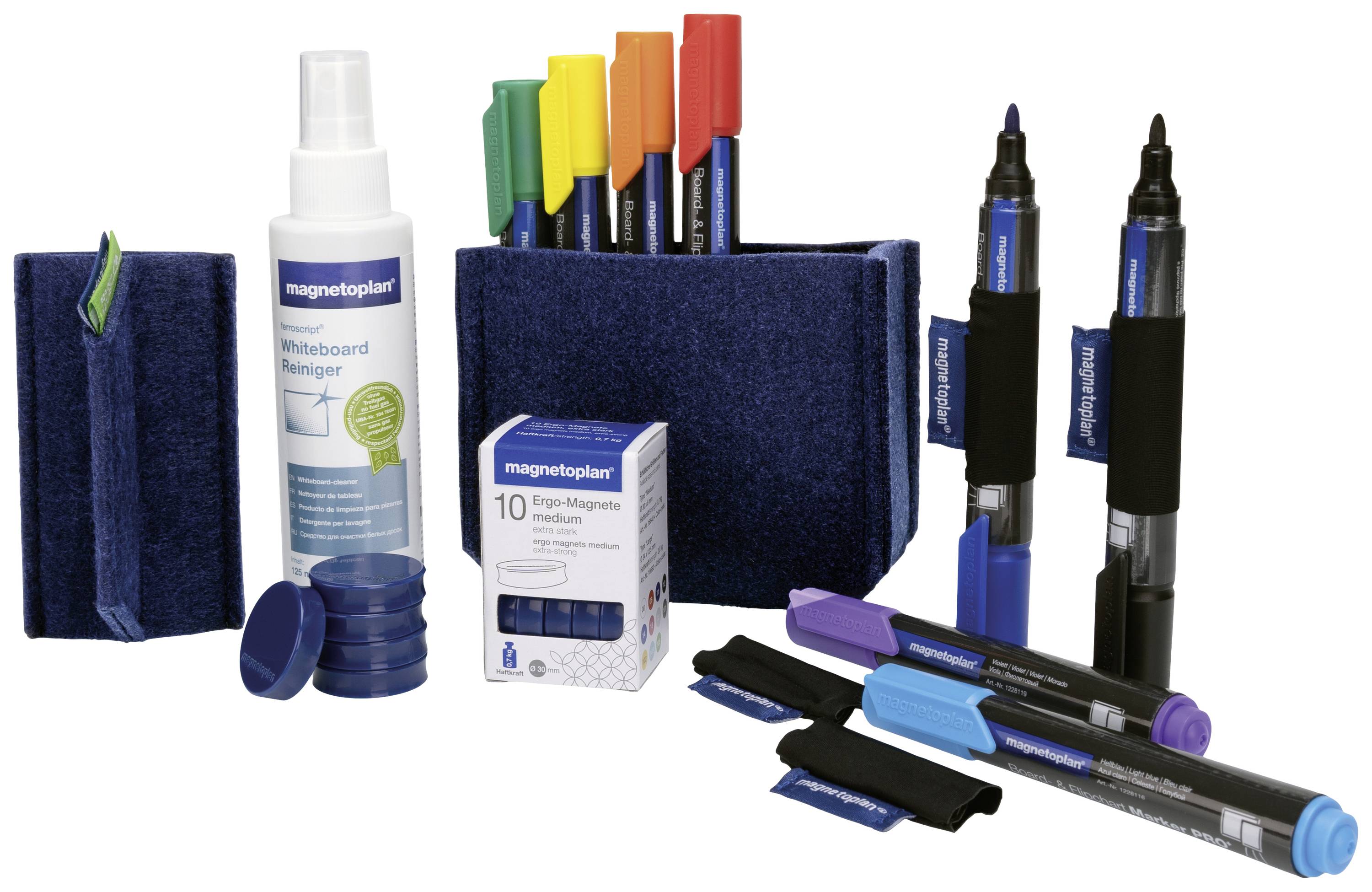 A set of whiteboard cleaner, coloured markers, round magnets, and two pen holders. Ideal for organising whiteboards.
