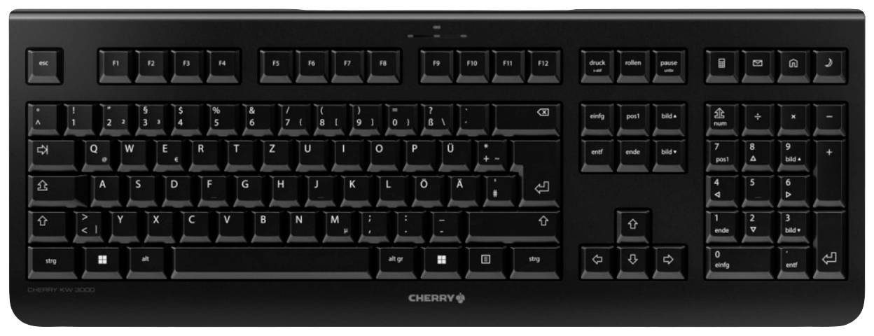 Black computer keyboard with QWERTZ layout, functional special keys and arrow keys.