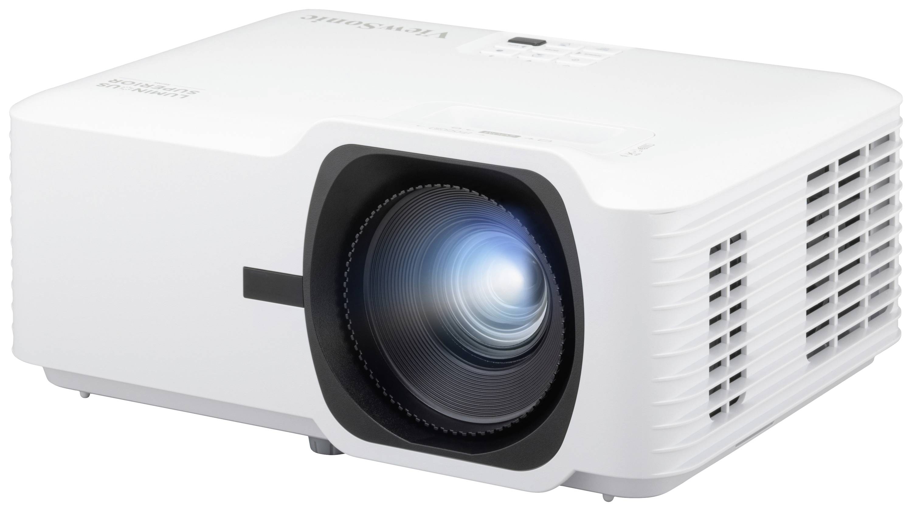 A white projector with a large lens and ventilation slots on the side. Main function: displaying images on a large surface.