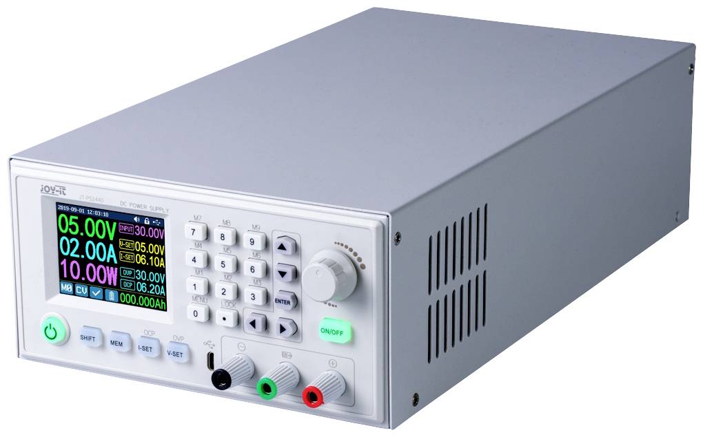 Electronic laboratory equipment with a display for showing voltage, current, and power. Various connections and control elements are available.