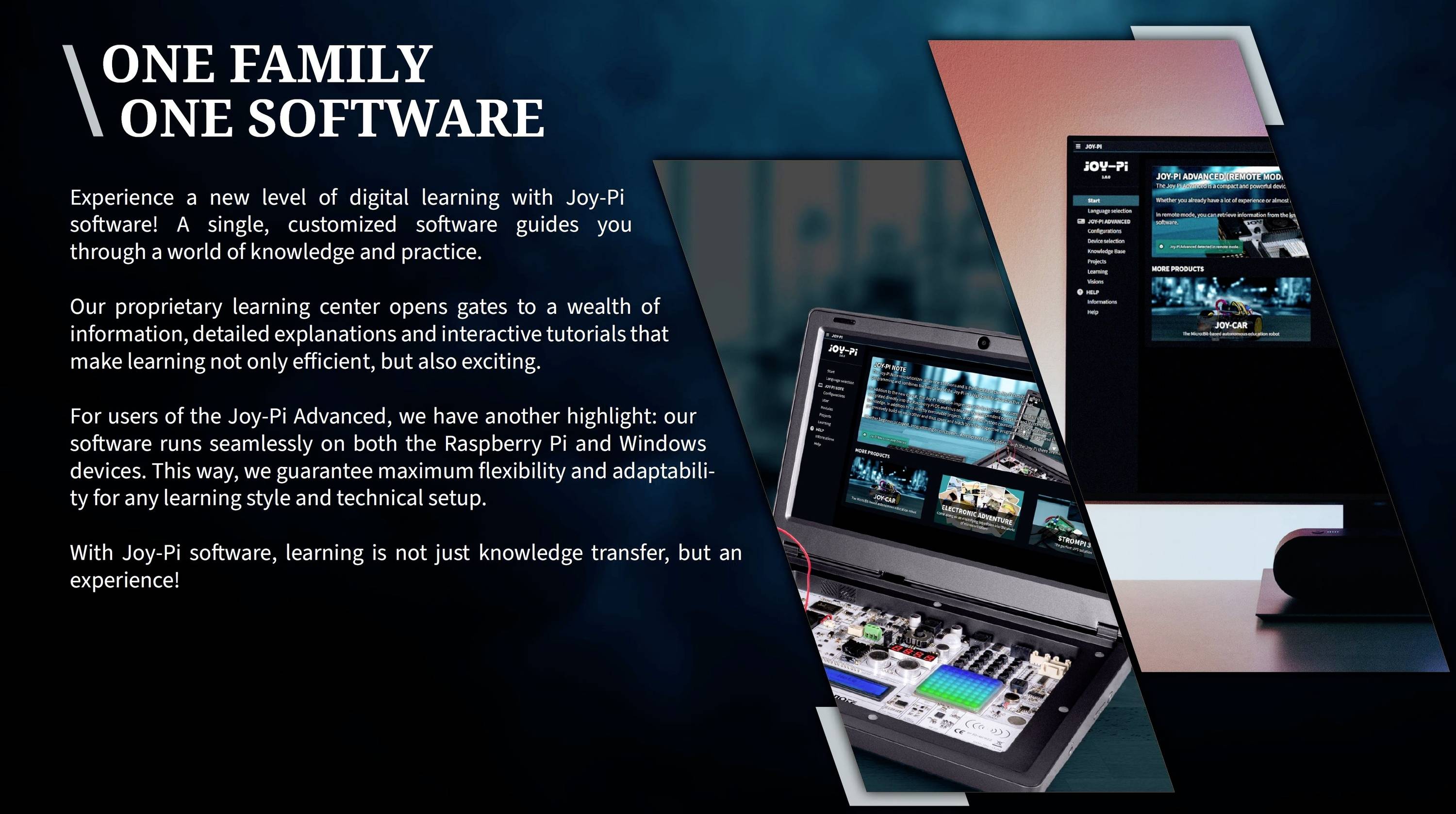 'One Family, One Software' - Display with text about Joy-Pi Software, which offers digital learning opportunities, and a laptop image.Note: This appears to be a direct translation from German, maintaining the original English phrase and details.