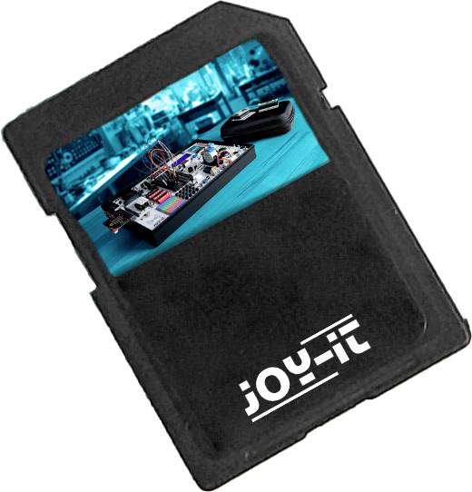 Black memory card with 'Joy-it' logo, showing an image of electronic components on a board in a laboratory environment.