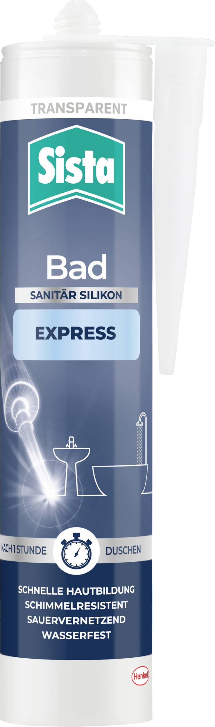 Cartridge of Sista Bathroom Sanitary Silicone Sealant, transparent. Designed for rapid curing, mould-resistant and waterproof.