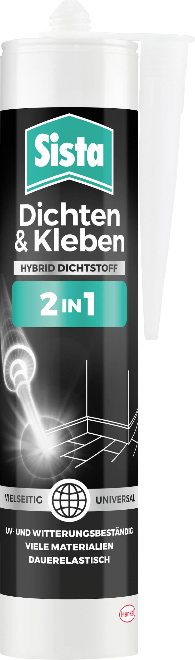 'Hybrid Sealant 2 in 1' on a Sista cartridge, suitable for multiple applications, UV and weather-resistant.