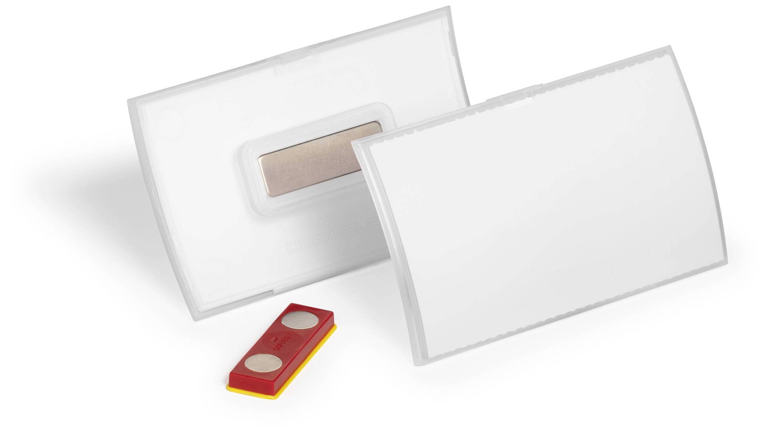 Two white, rectangular plastic signs and a small red plastic clip with two magnets. Signs are positioned at an angle to each other.