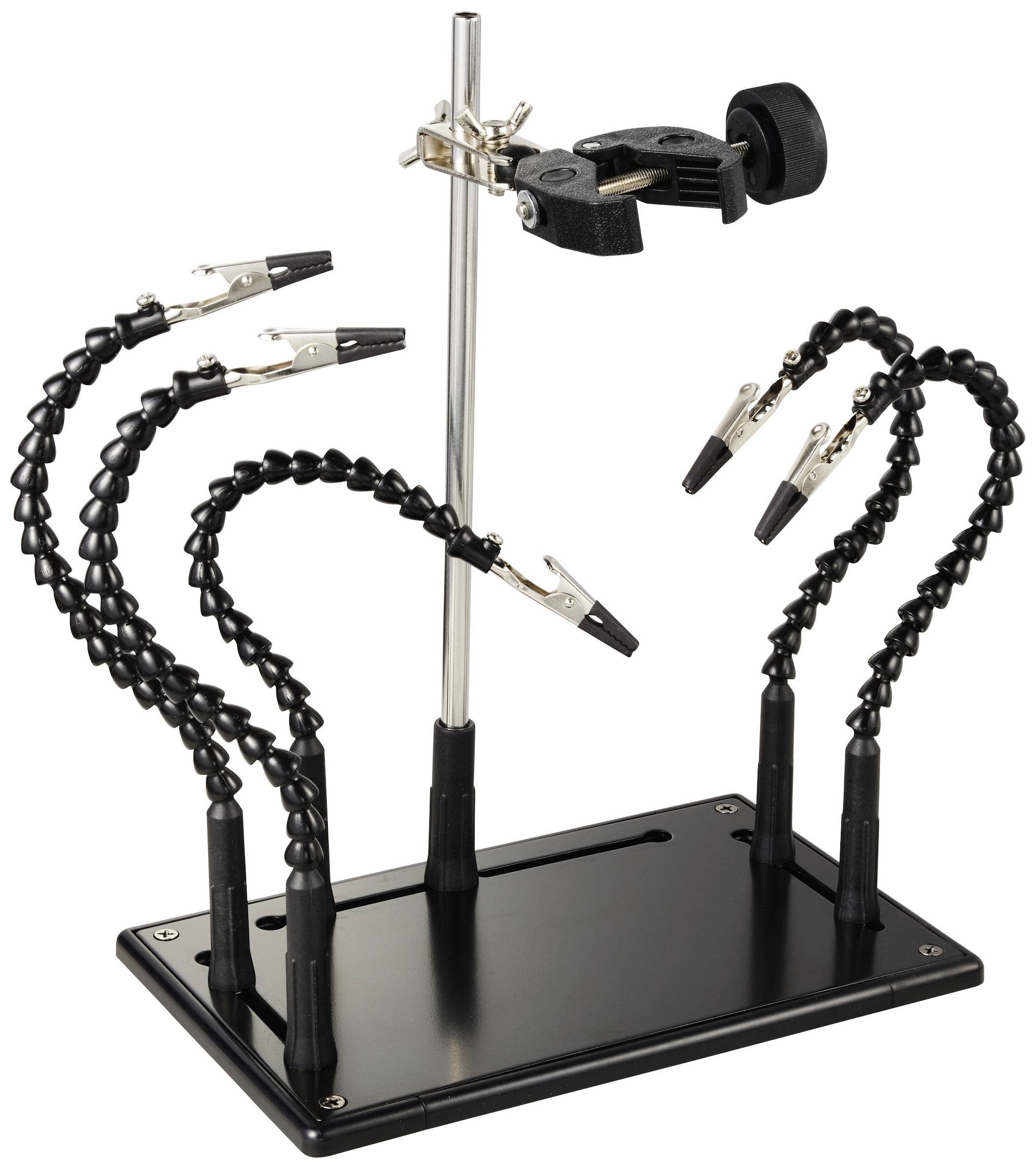 Soldering Assistance Stand with Multiple Flexible Arms and Crocodile Clips for Holding Electronic Components during Soldering Work.