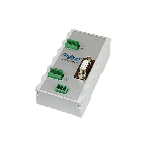 A silver electronic device with the inscription 'Anybus X1 TERMINATION'. It has multiple ports.