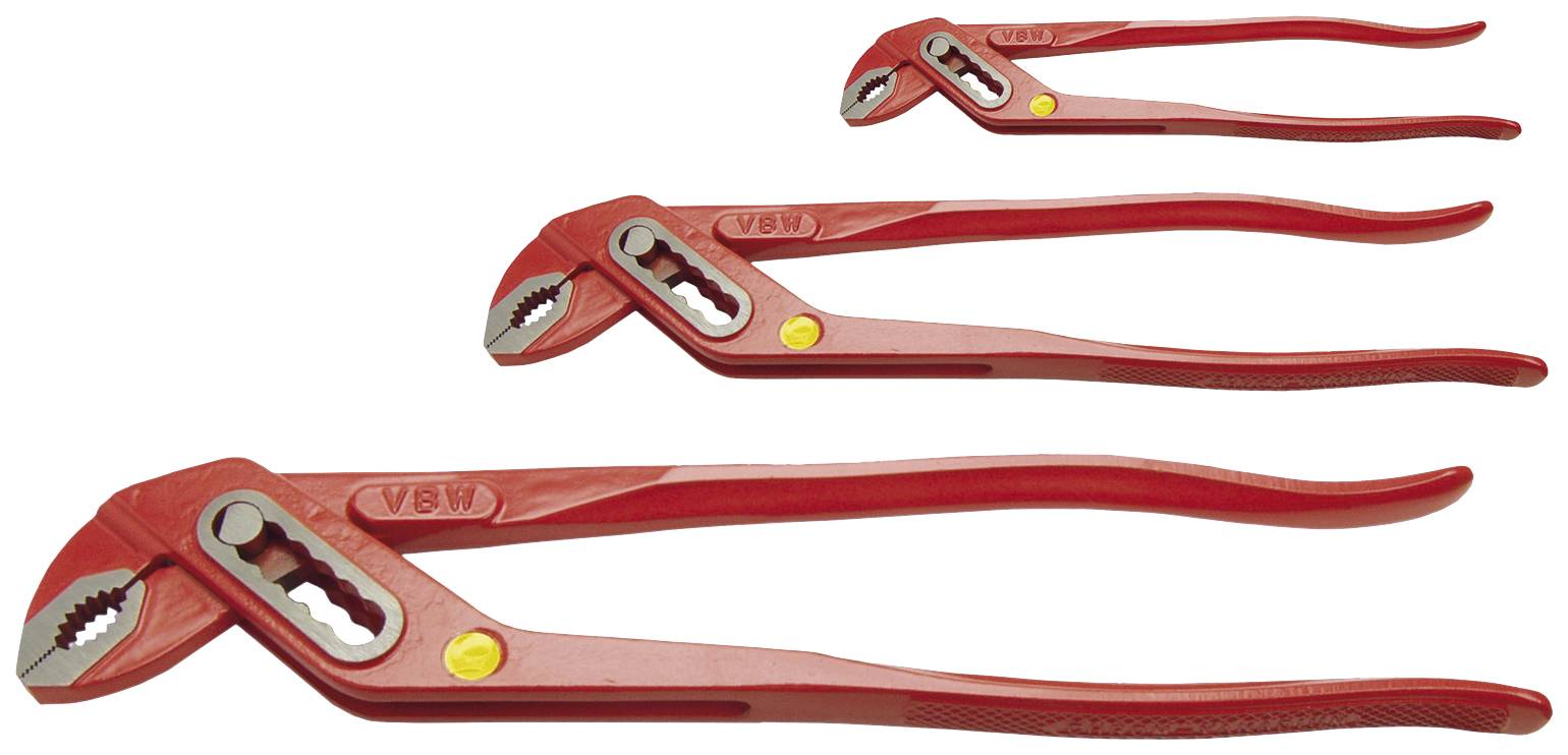 Three red water pump pliers in different sizes, lined up side by side.