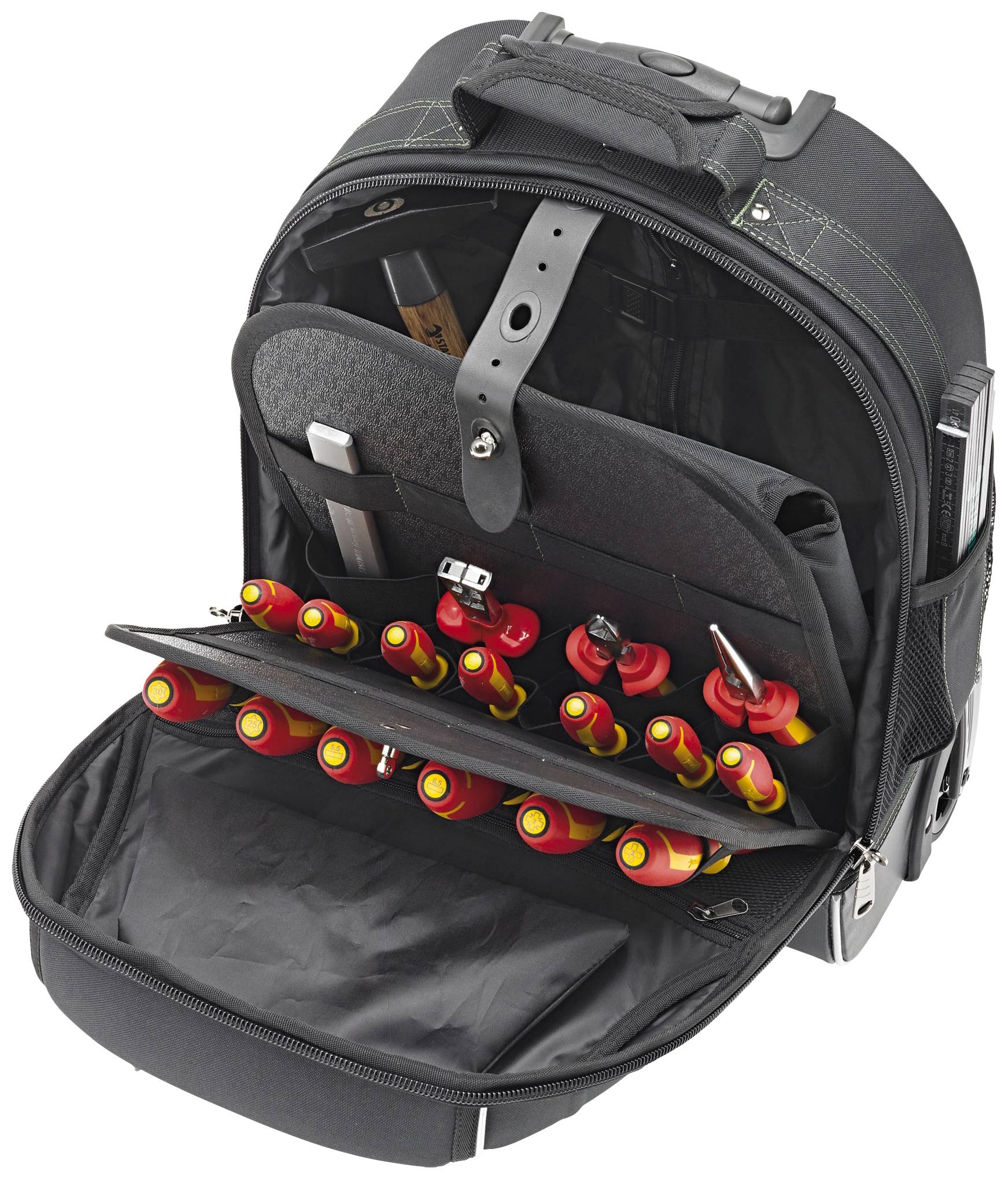 A opened tool rucksack shows screwdrivers and other tools in various compartments, ready for use.
