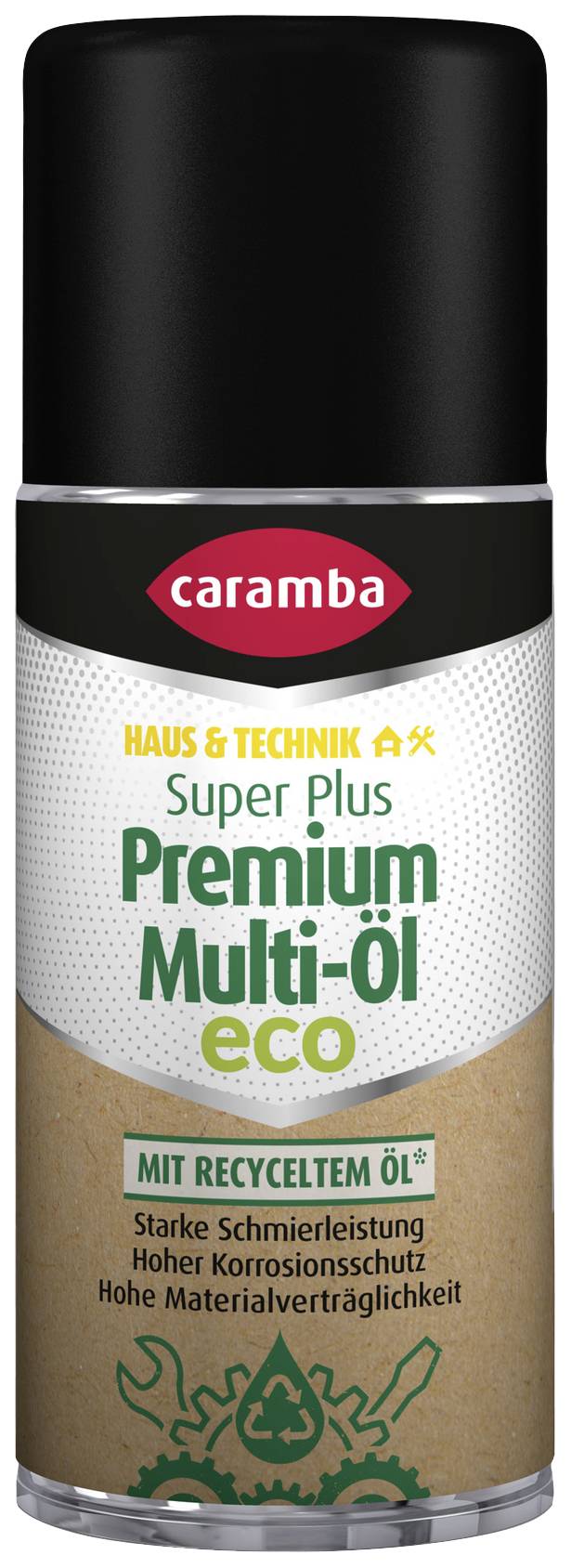 Spray can of 'Caramba Super Plus Premium Multi-Oil eco' stands on a cardboard background. Text: 'With recycled oil, strong lubricating performance, high corrosion protection.'