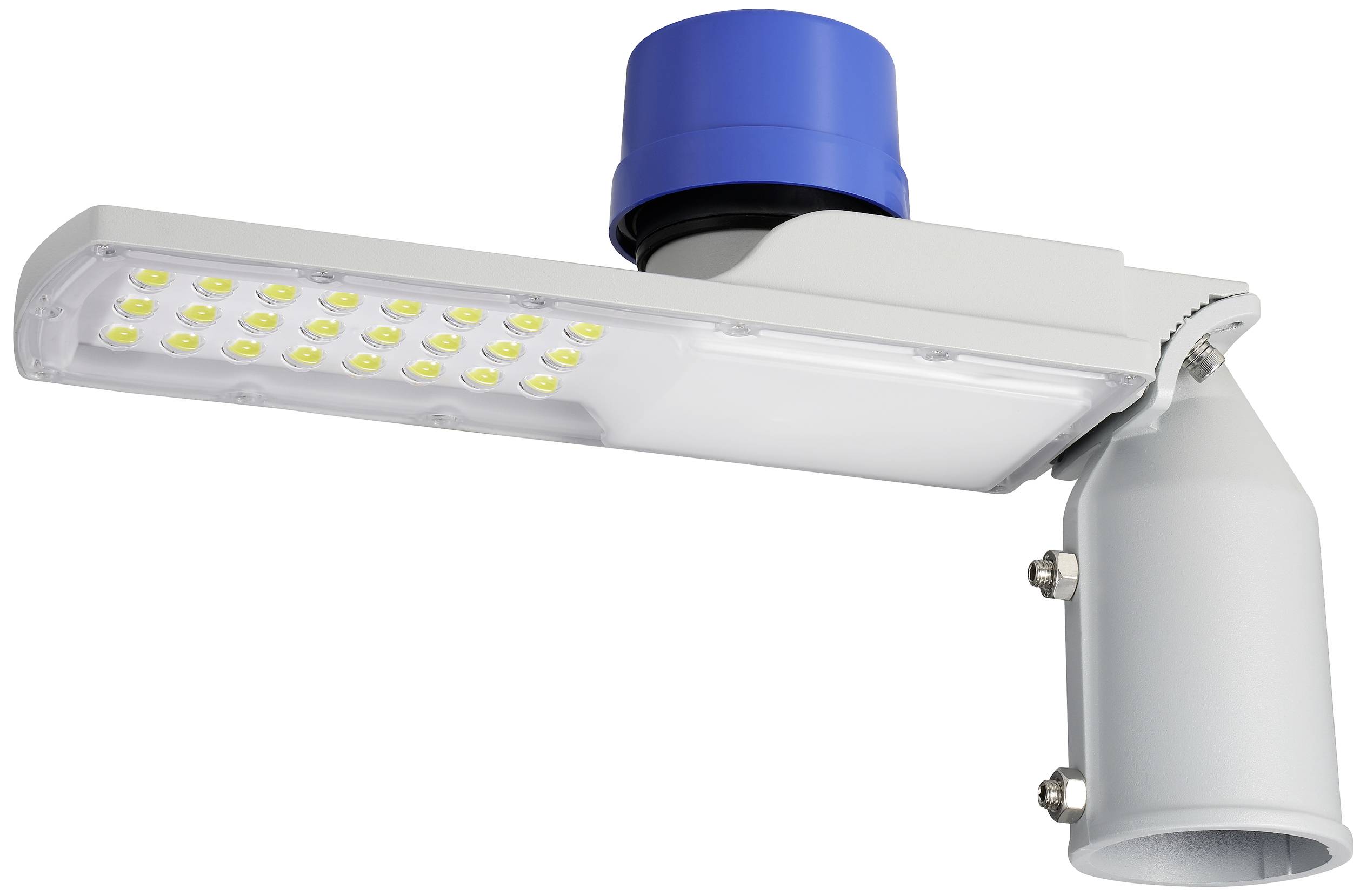 A modern LED street lamp with a blue sensor on top and multiple yellow diodes, mounted on a white arm for outdoor lighting.