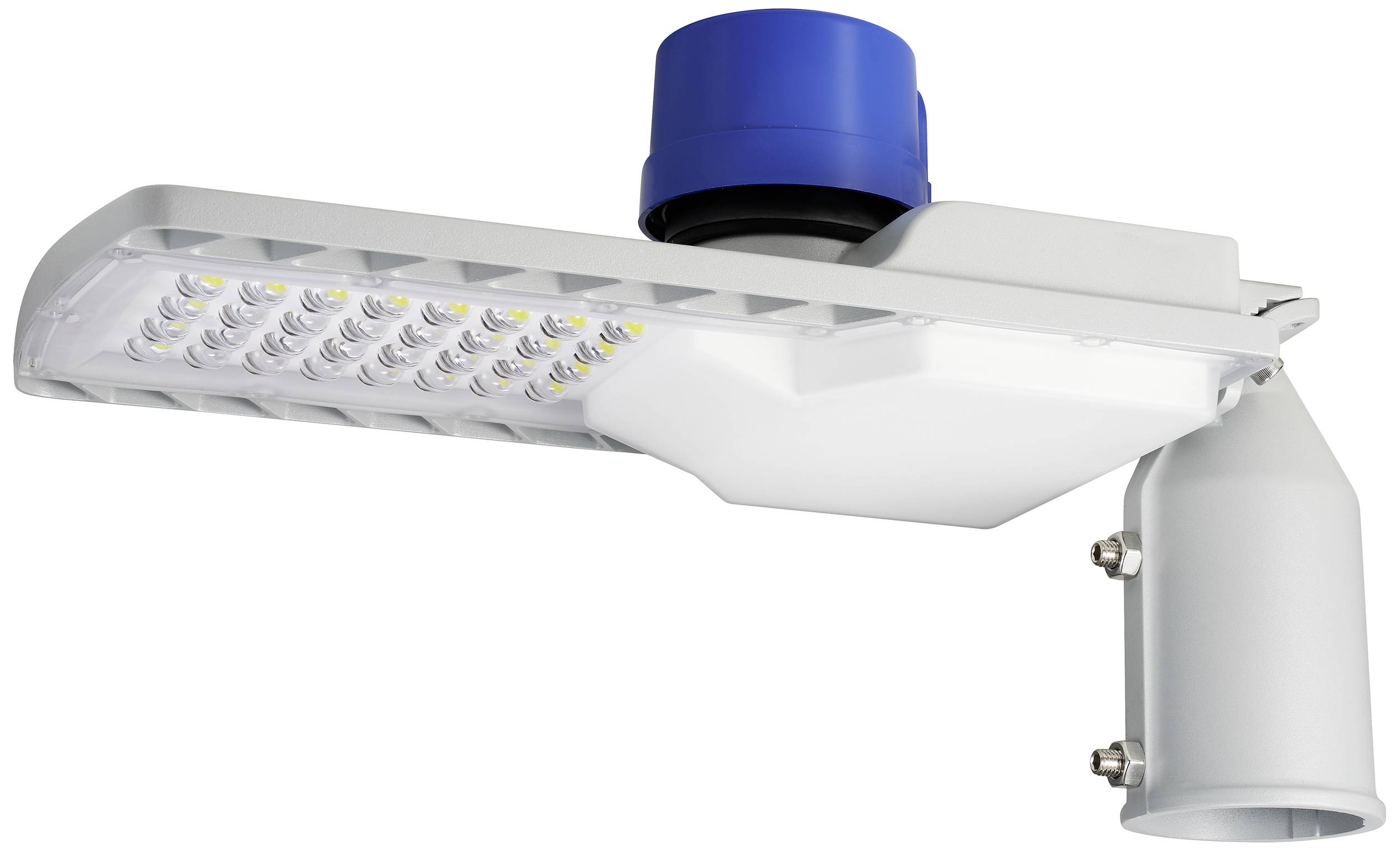 LED street lamp with a blue sensor on the top surface. Contains numerous small, visible LEDs. Suitable for outdoor lighting.