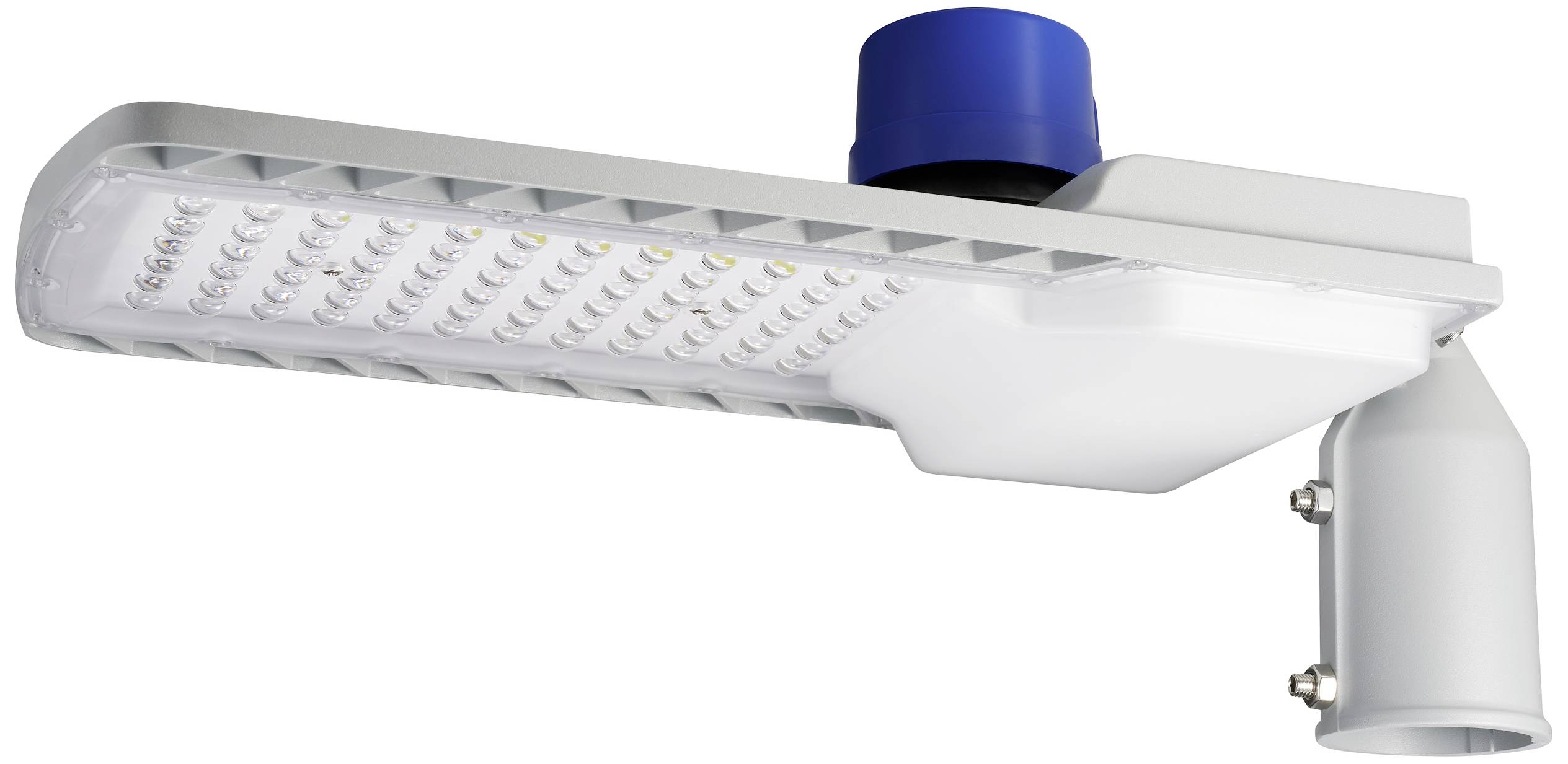 LED street lamp with a blue sensor on the top, showing the side profile. Modern design for efficient illumination.