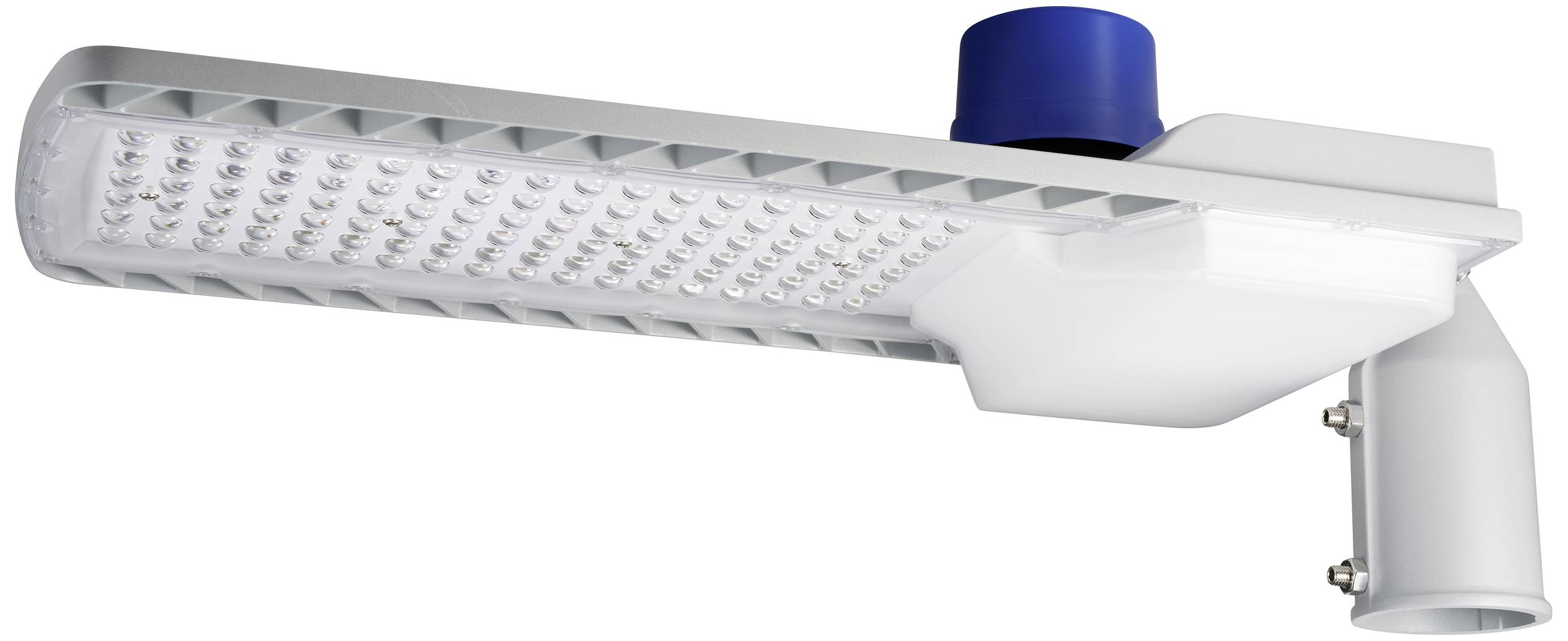 LED street lamp with a blue cap and rectangular design, mounted on a white arm. Energy-efficient lighting solution.