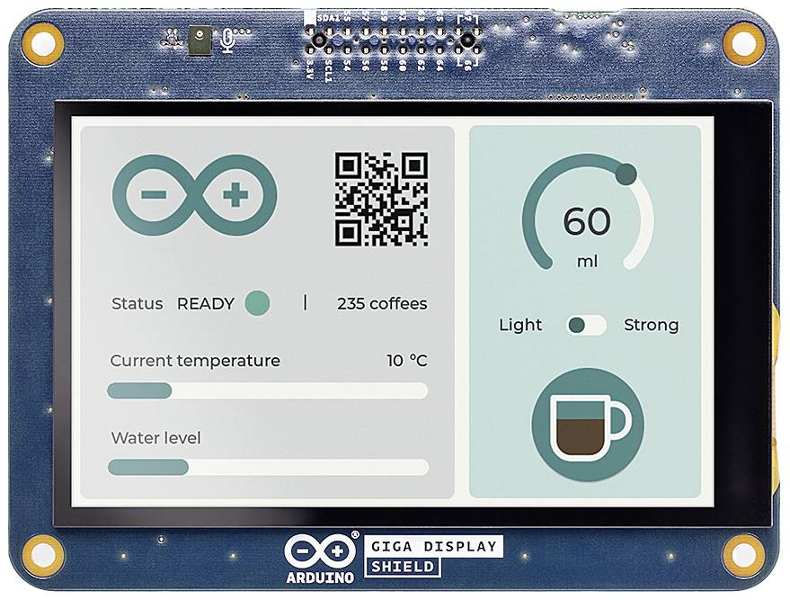 Arduino Giga Display with display elements, including Arduino logo, QR code, 'READY' status, 235 Coffee, temperature at 10°C, water level, and coffee intensity.