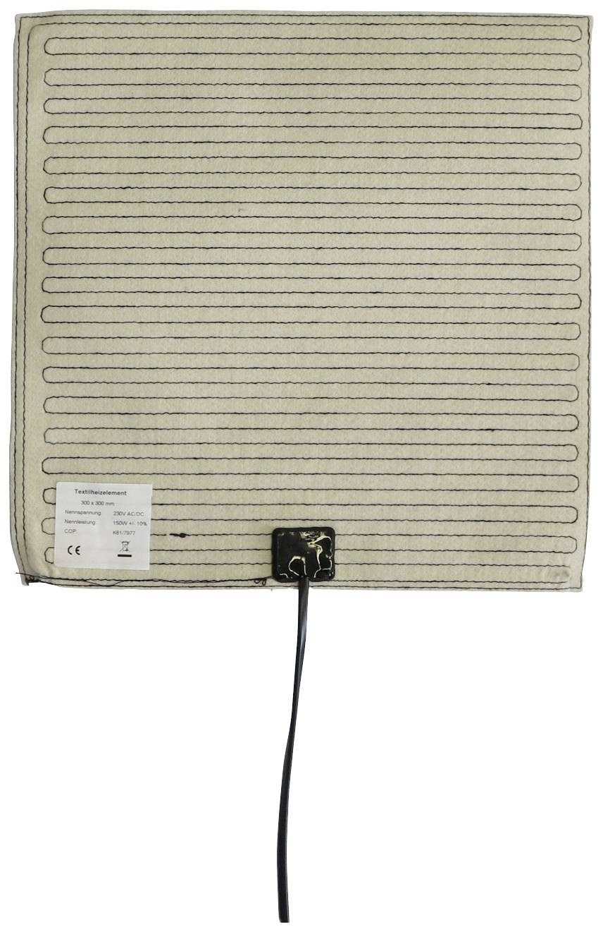A rectangular heating element with thin, parallel heating wires. A black cable leads away from the bottom edge.