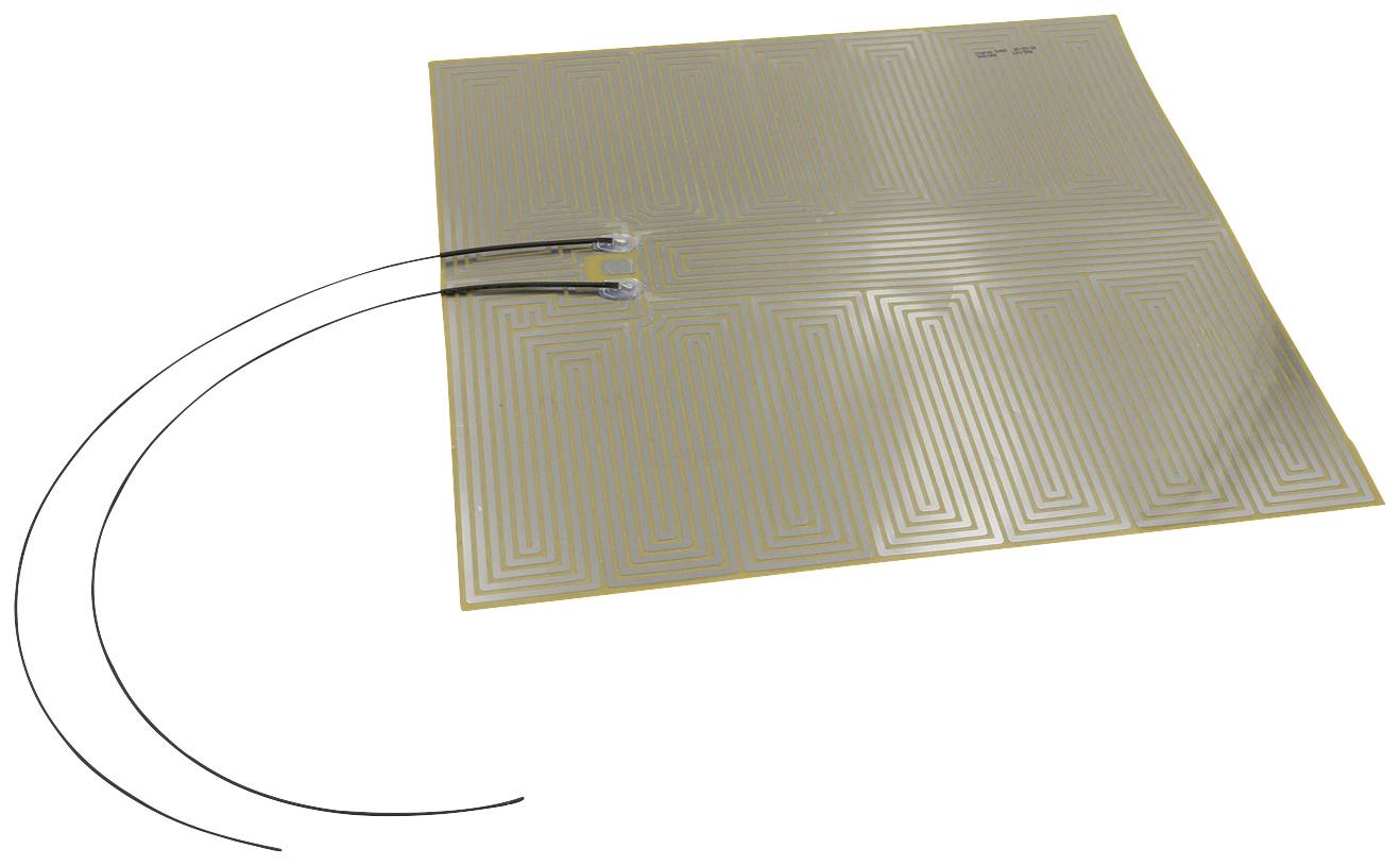 A square, flexible electronic component with fine circuit traces and connected cables, presumably a sensor.