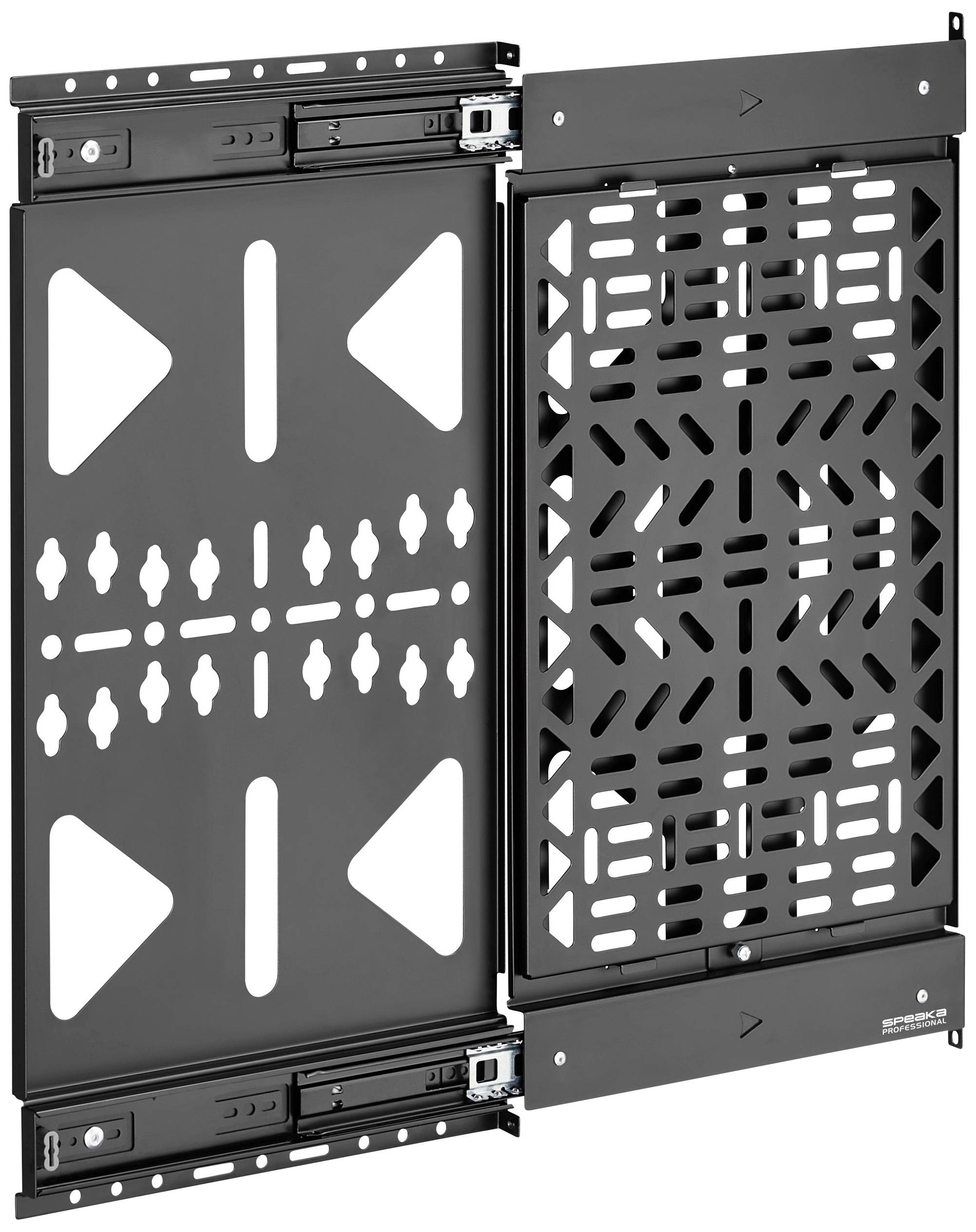 Metallic door mechanism with extraction, black design, rectangular frame, perforated surface for ventilation or cable management.