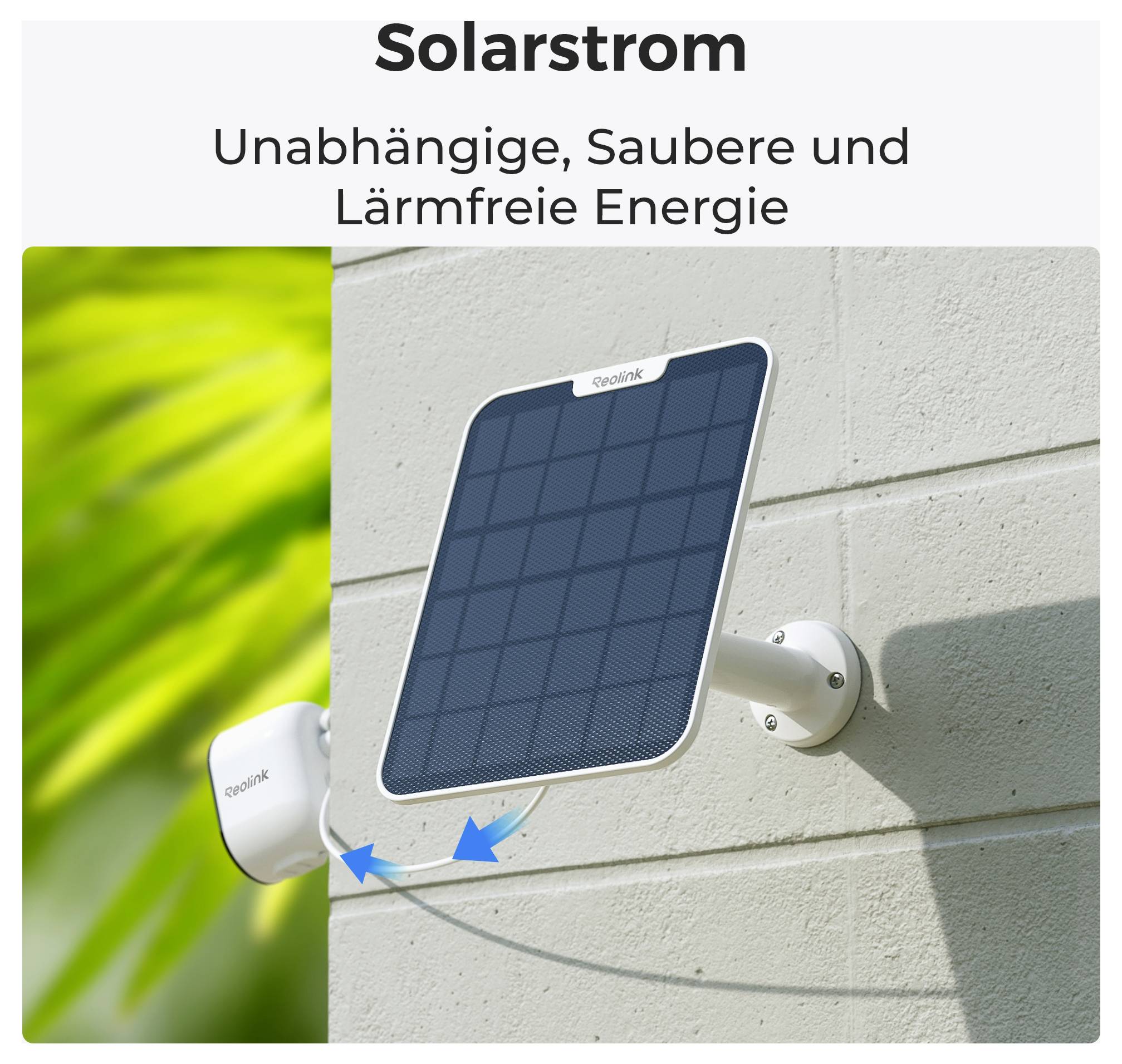 A solar panel mounted on a wall, promoting 'Solarstrom' with text in German: 'Unabhängige, Saubere und Lärmfreie Energie'.