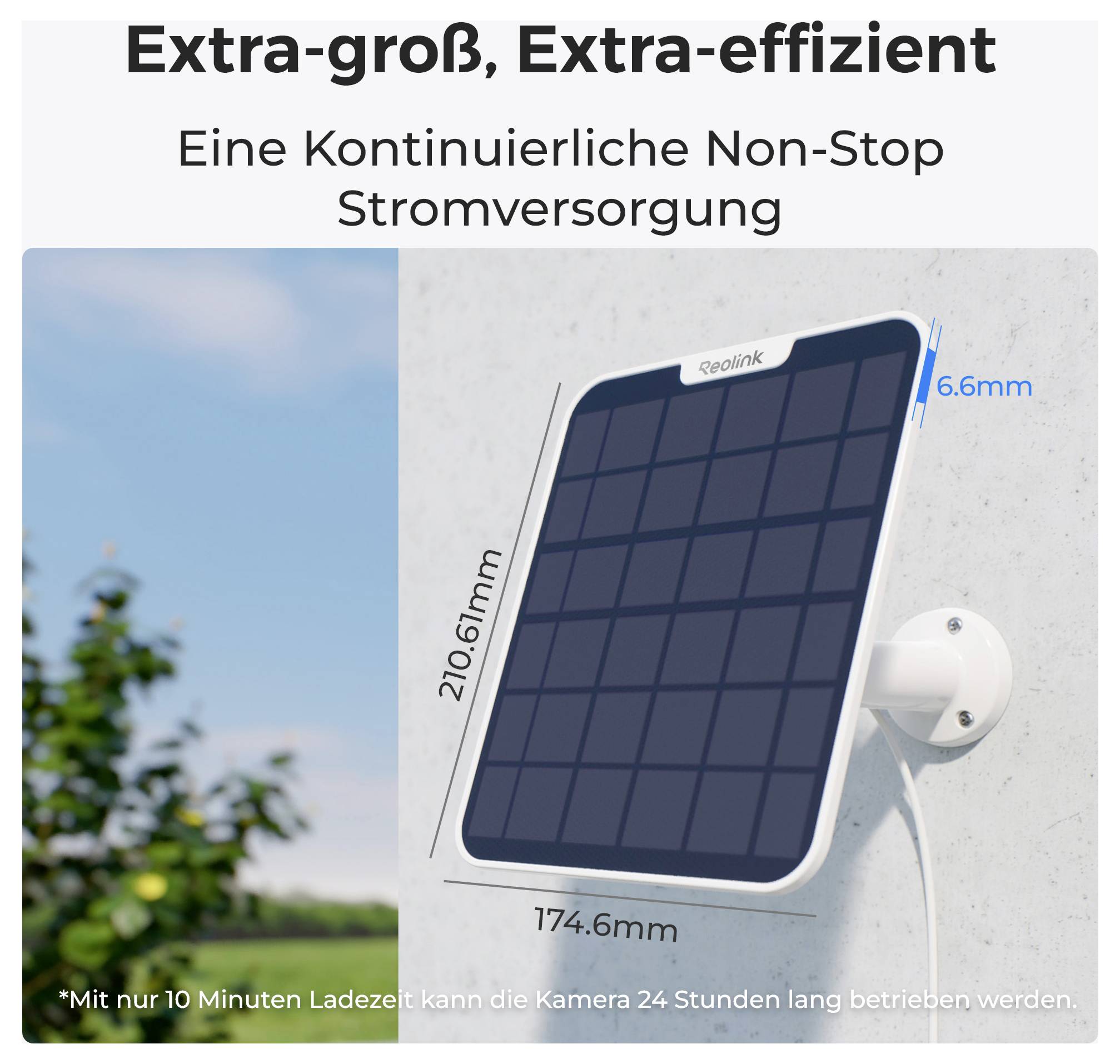 A solar panel mounted on a wall with dimensions marked as 210.6mm by 174.6mm and a thickness of 6.6mm, emphasizing efficiency.