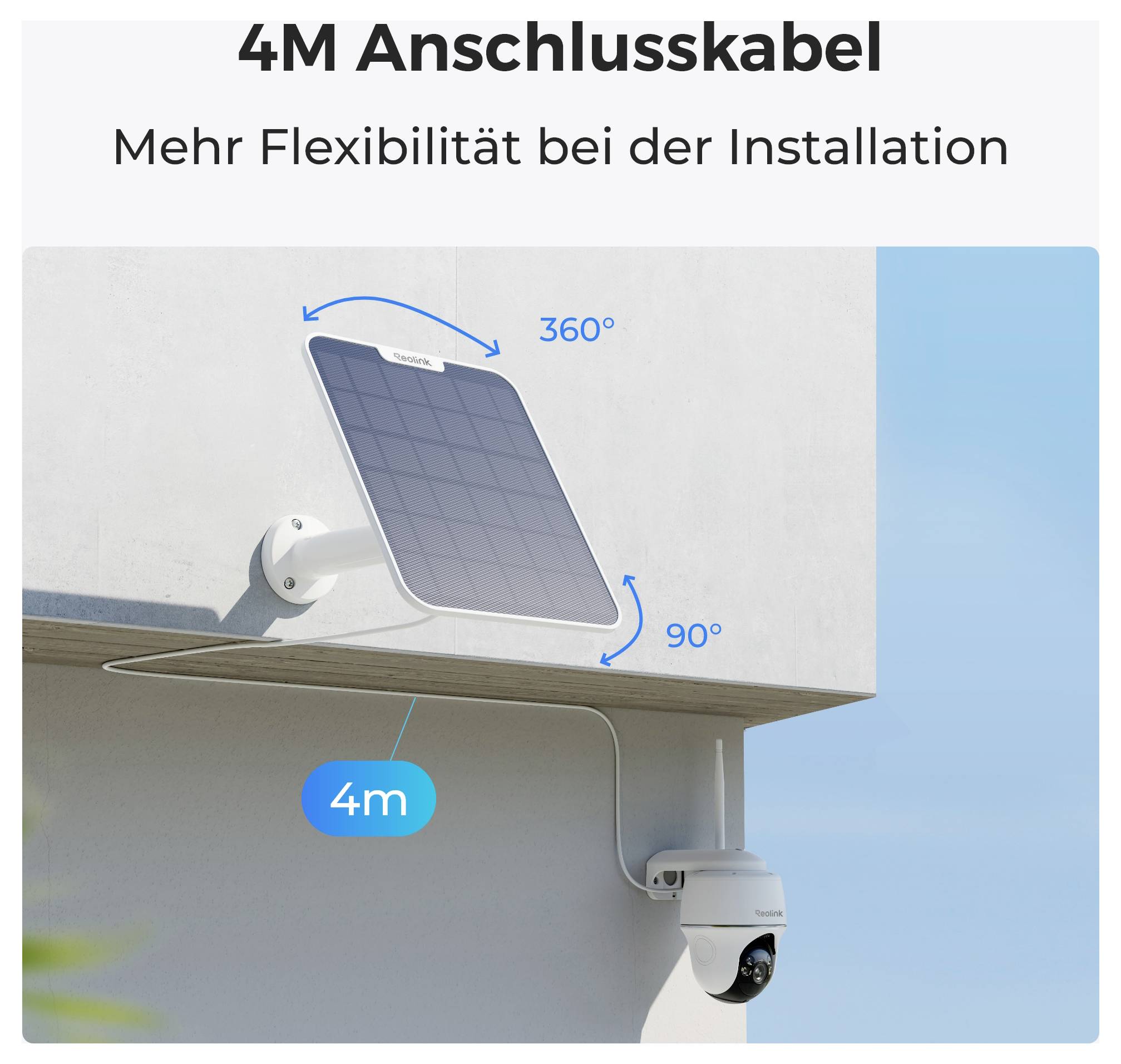 A security camera installed on a building wall, connected with a 4-meter cable to a solar panel, demonstrating flexibility in installation.