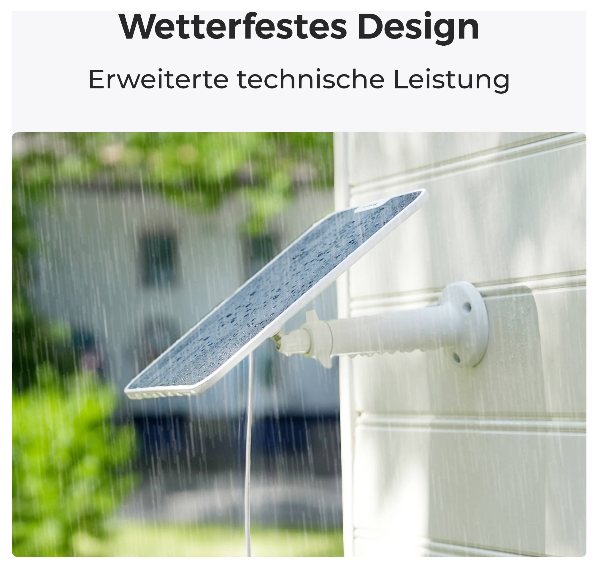 A solar panel mounted on a wall under heavy rain, showcasing its weatherproof design and advanced technical performance.