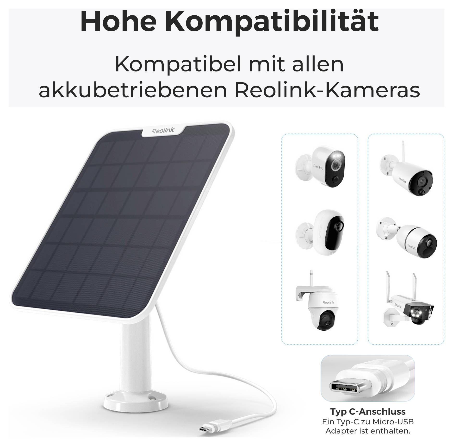 Solar panel compatible with all battery-powered Reolink cameras; includes Type C to Micro-USB adapter. Various camera images shown.