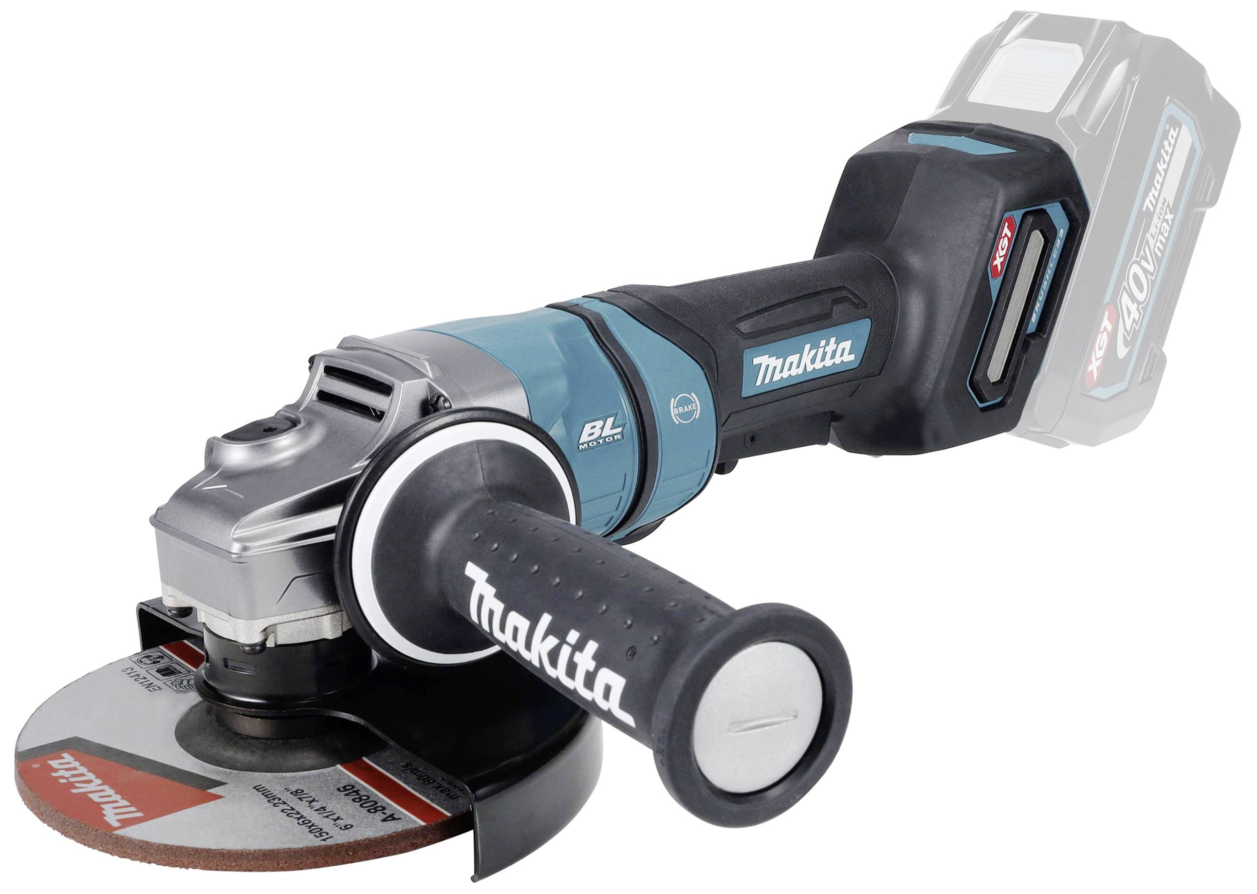Makita cordless angle grinder with grinding disc, blue and black, featuring an ergonomic handle and prominent brand logo on the casing.
